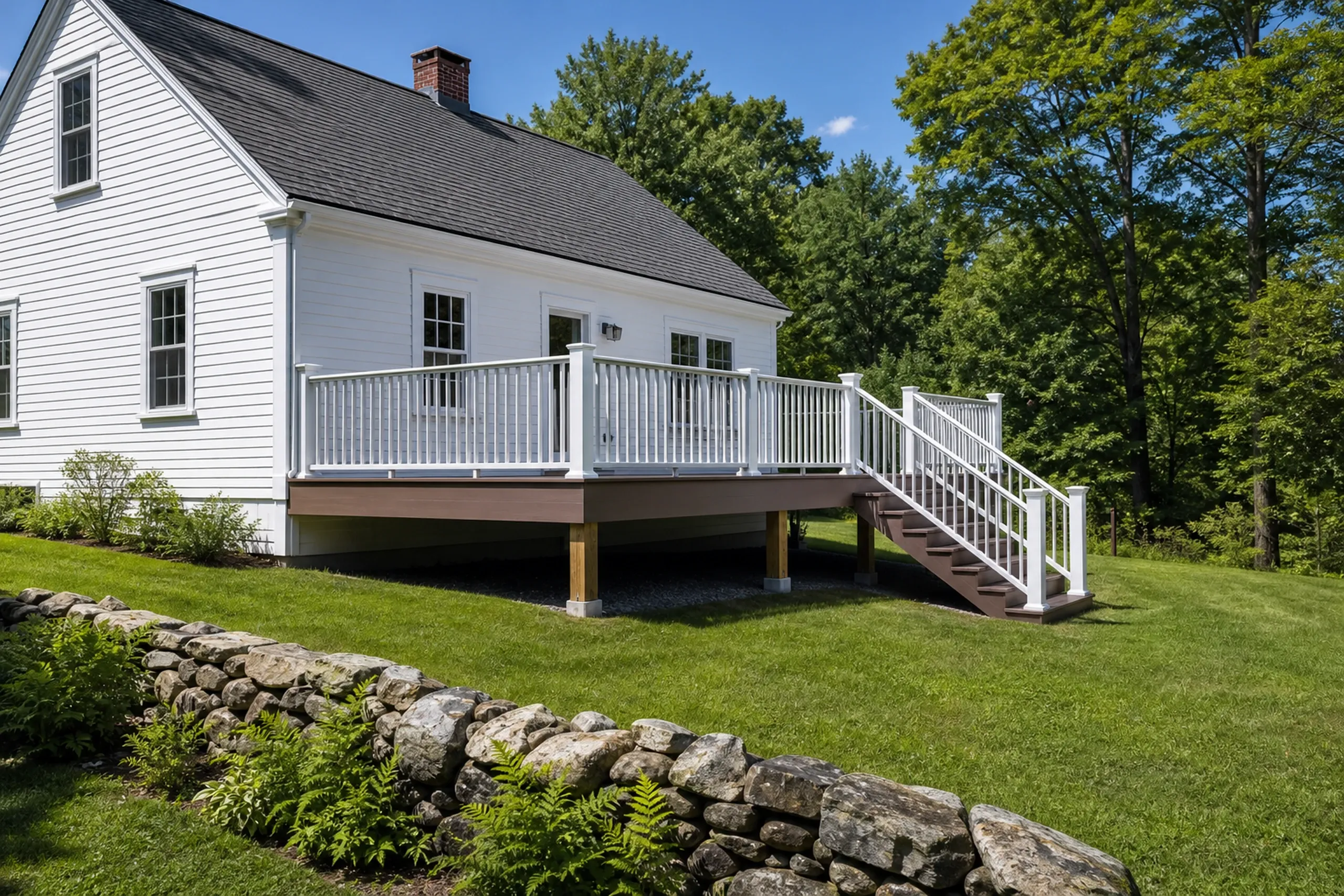 A white house with a gray roof features a raised brown deck with white railings and stairs, surrounded by green grass and trees.