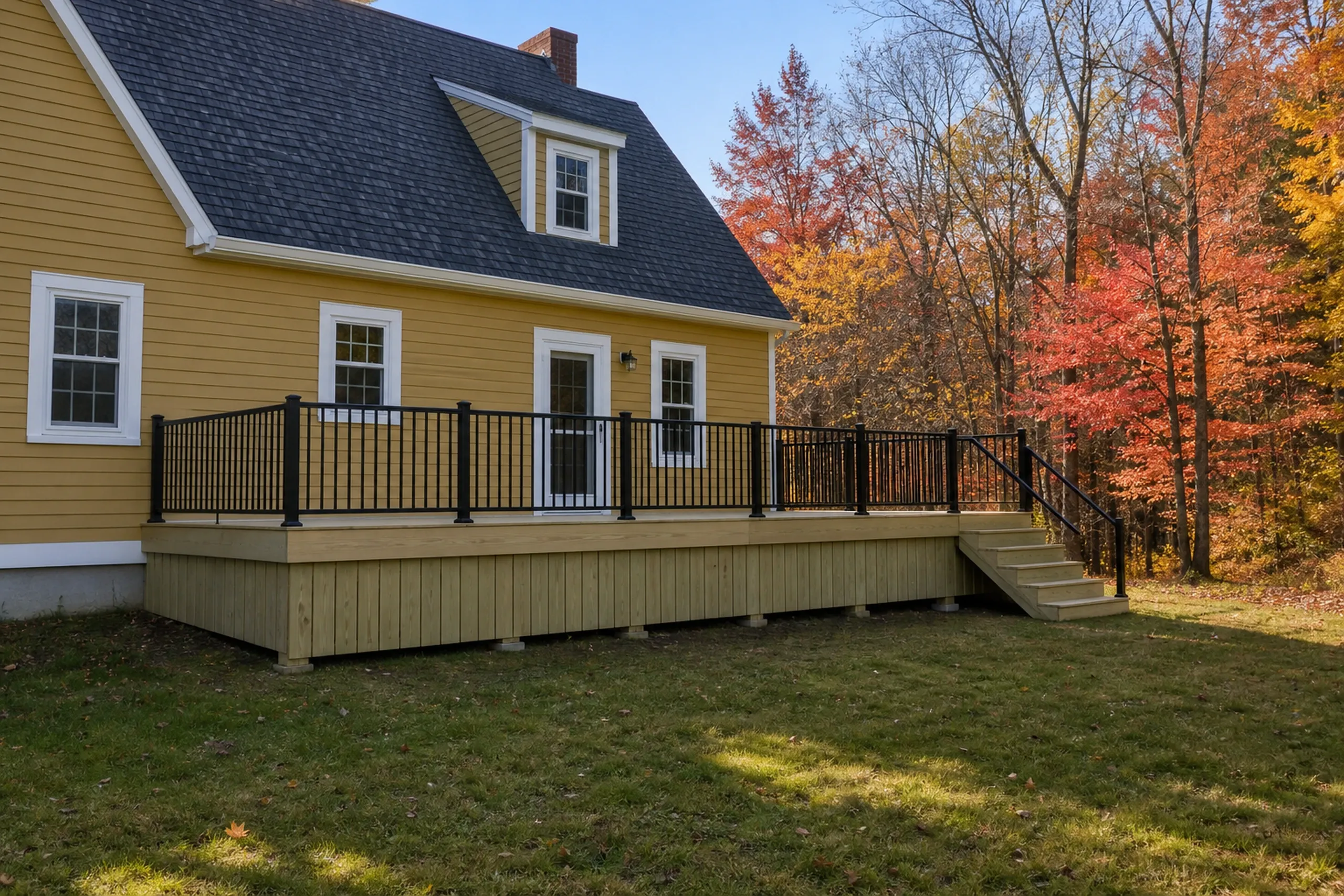 A yellow house with white trim has a raised wooden deck with black metal railing and stairs, surrounded by autumn trees.