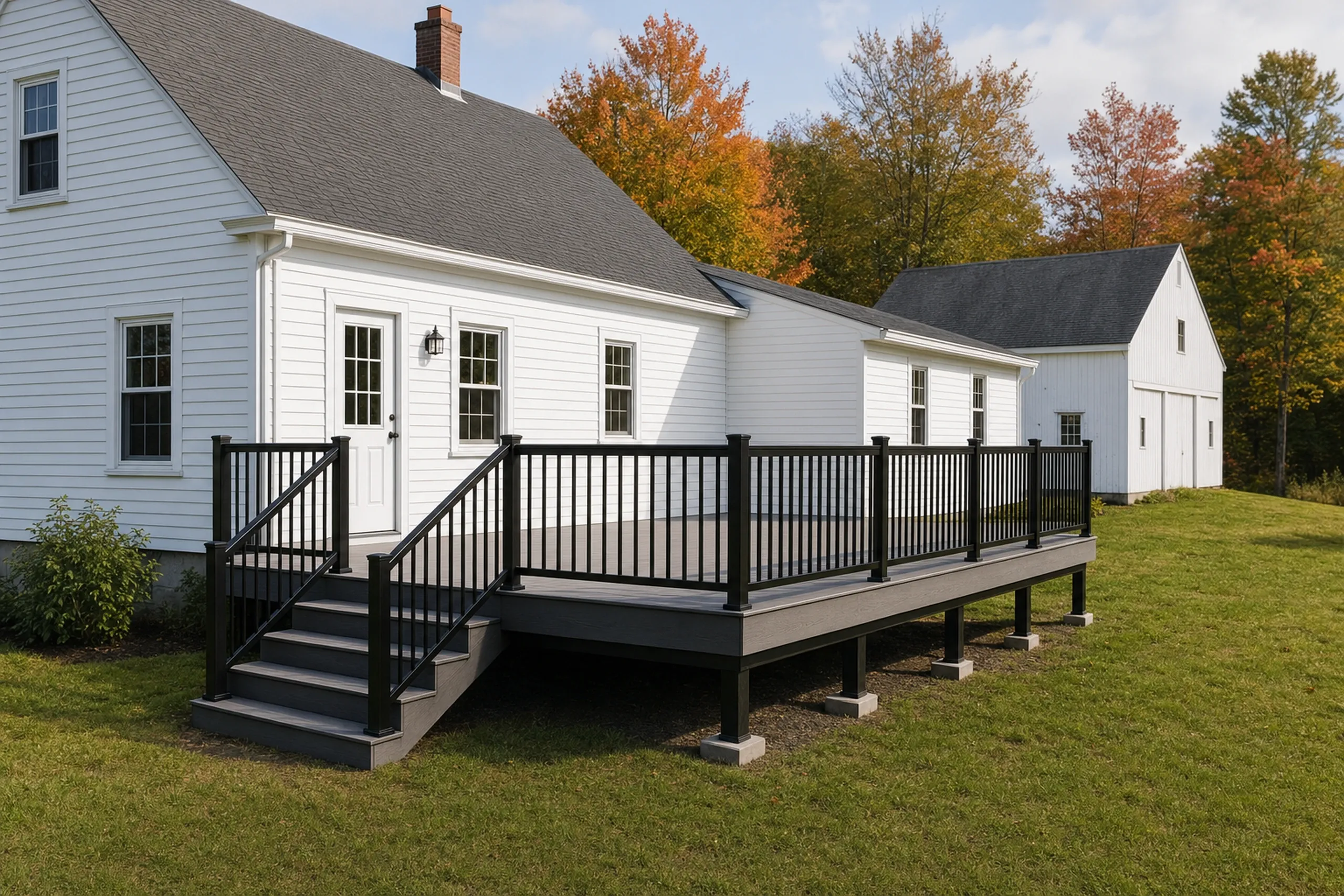 Deck builders in buckfield, me: Deck builders buckfield ME: Elevated gray deck with black railing attached to white house; no people visible; green lawn and trees in background.