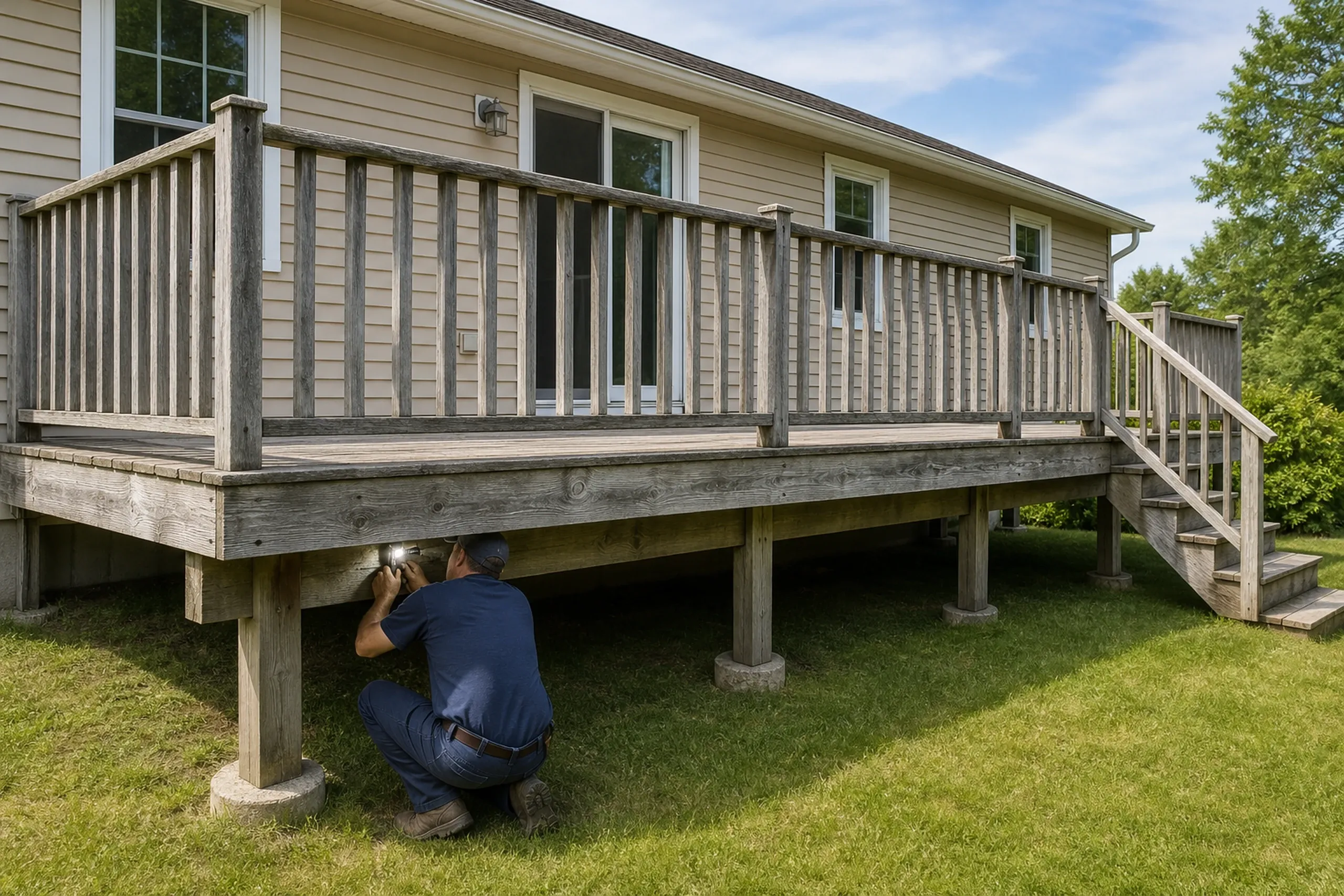 Man kneeling under a raised wood deck with vertical railings, attached to a beige house with sliding glass door and small window.