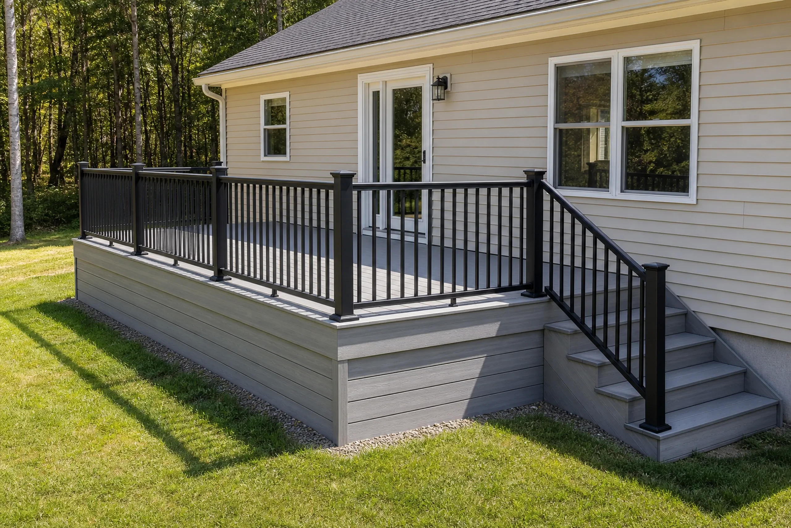Raised gray wooden deck with black metal railing and stairs attached to a beige house with white-framed windows and glass doors.