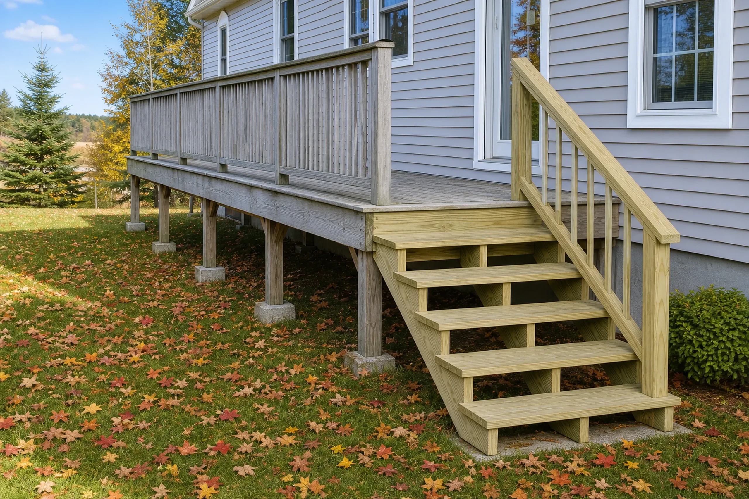 A wooden deck with vertical railing and stairs attached to a gray house, with two people standing on the deck.