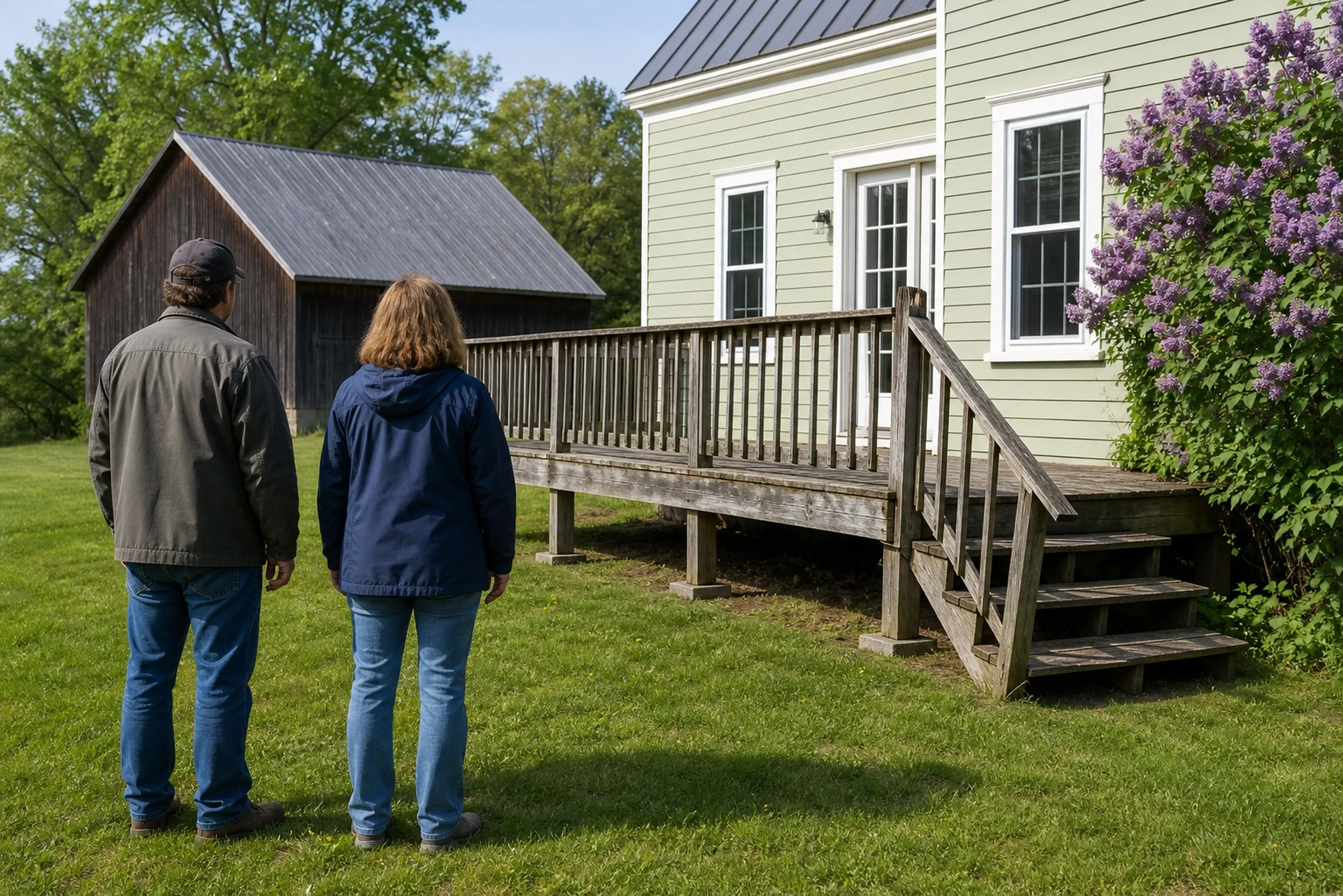 Two people stand on grass facing a wood-railed deck with stairs attached to a light green house beside a lilac bush.