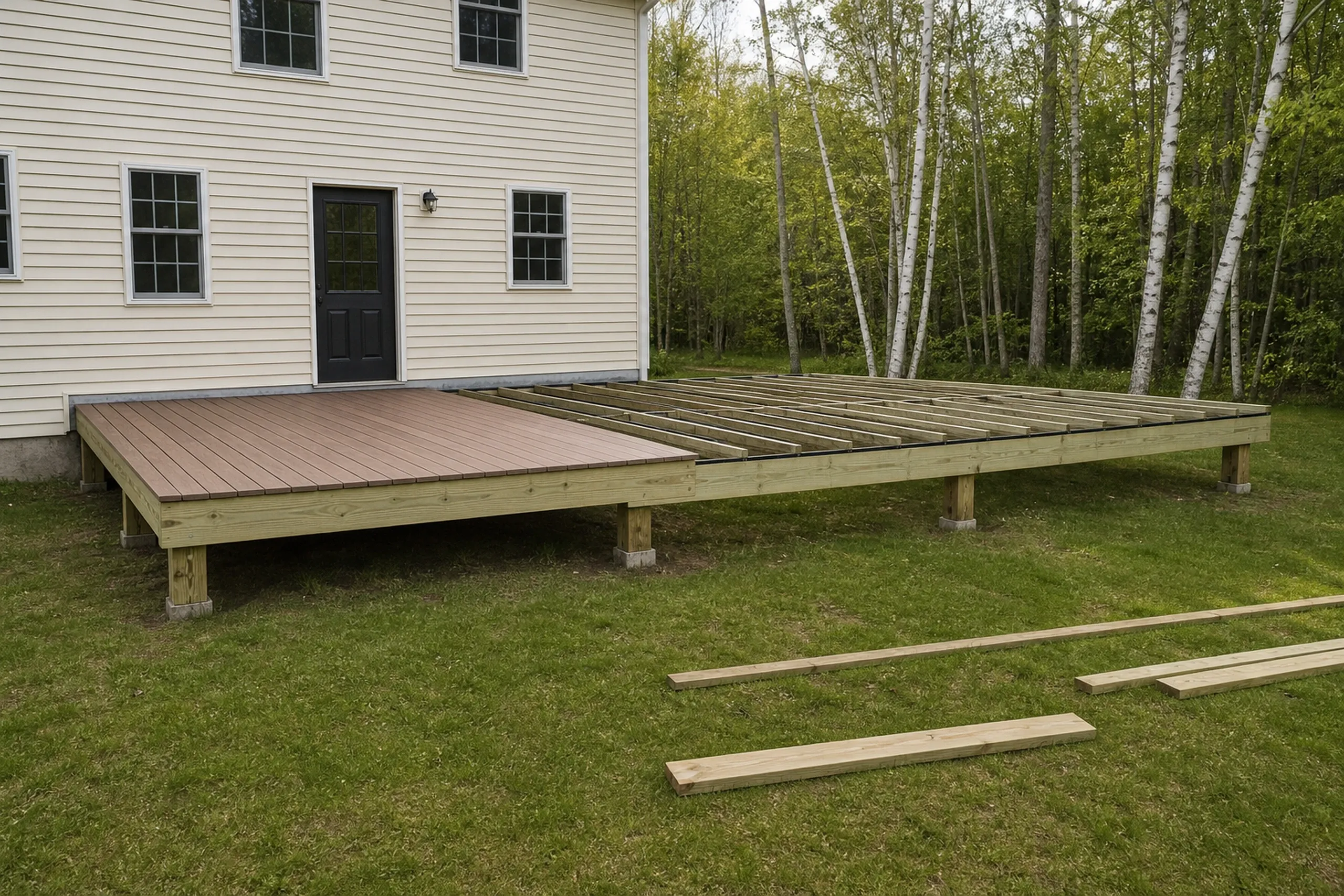 Partial wood deck with no railing attached to beige house with four windows and a black door, set on grass near trees; no people visible.
