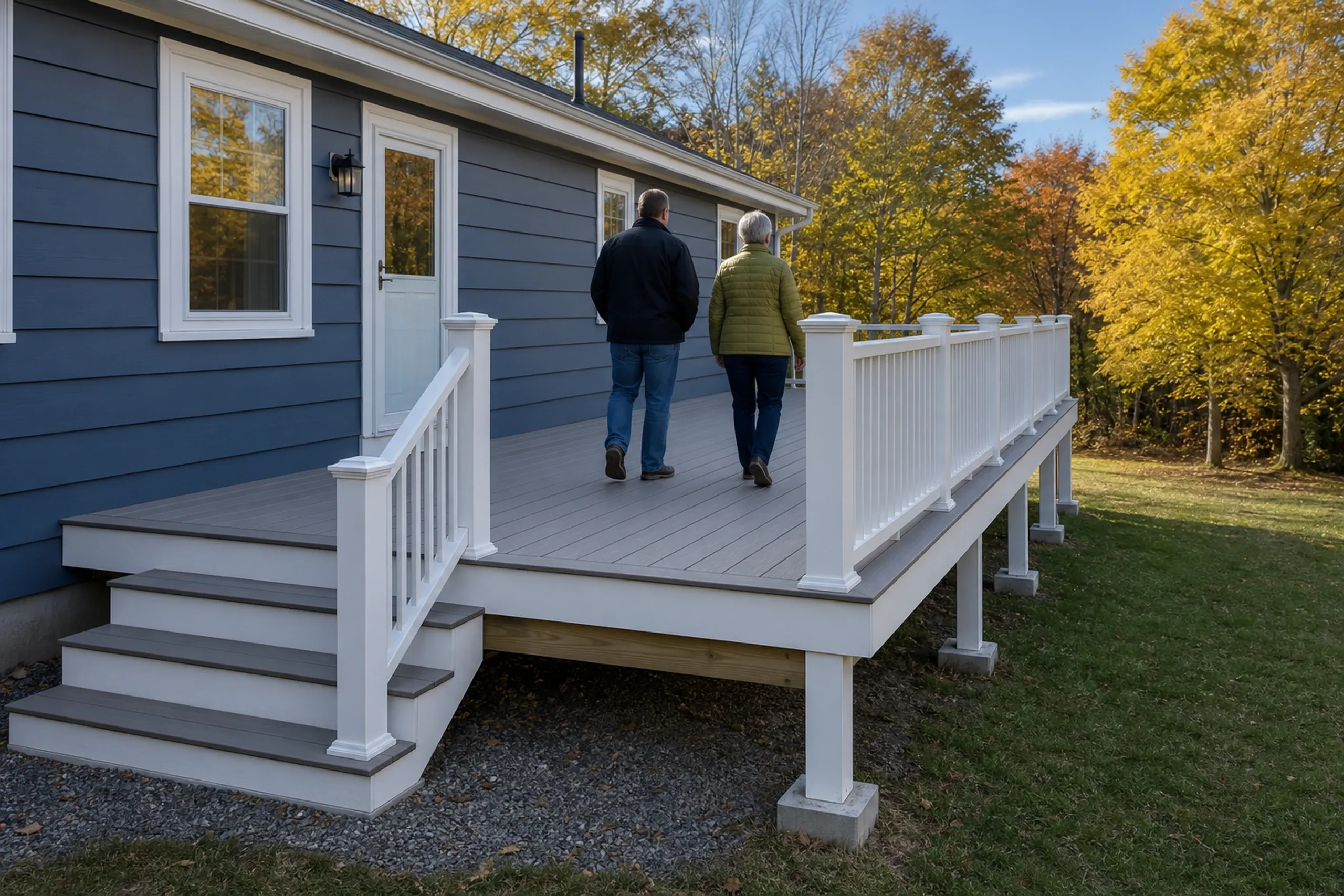 A gray house with white-trimmed windows and door has a raised gray deck with white railings; two people walk away from the camera.