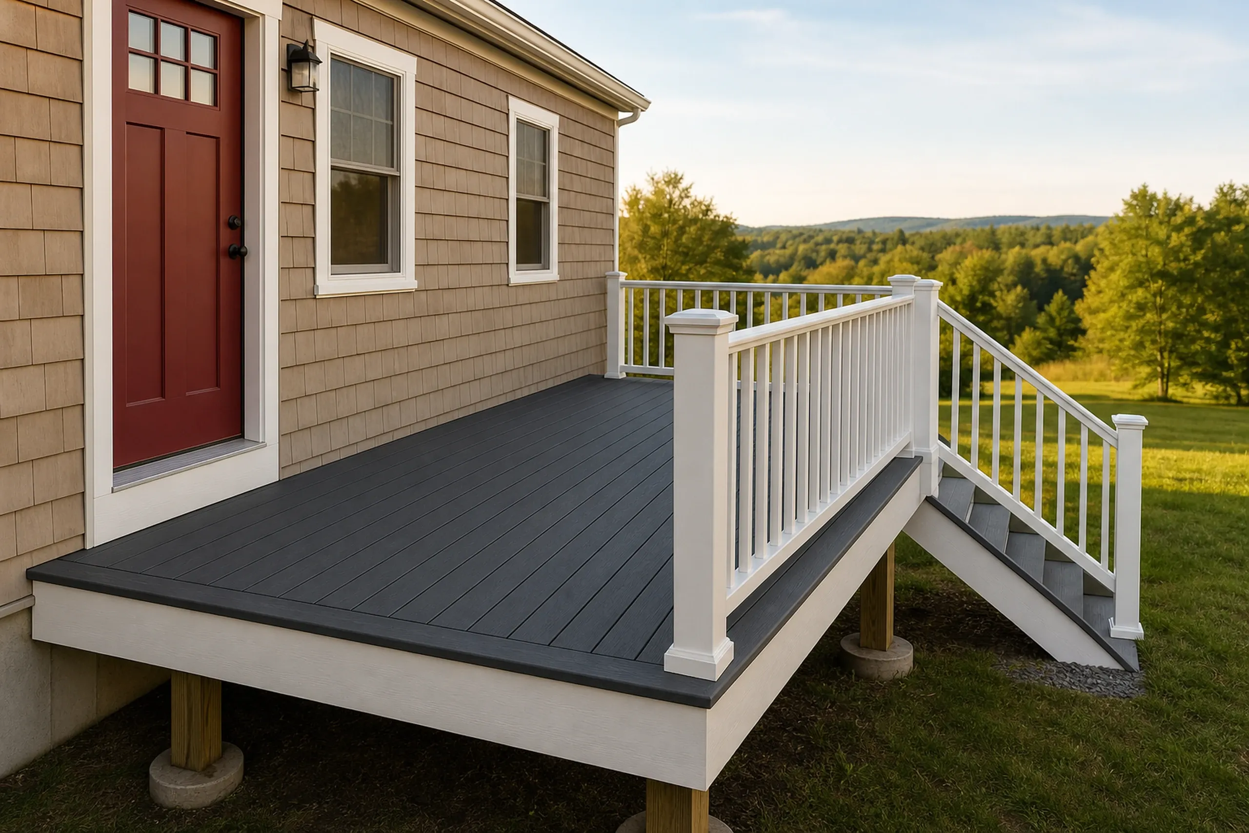 A gray wooden deck with white railing and stairs is attached to a tan house with a red door and two windows.