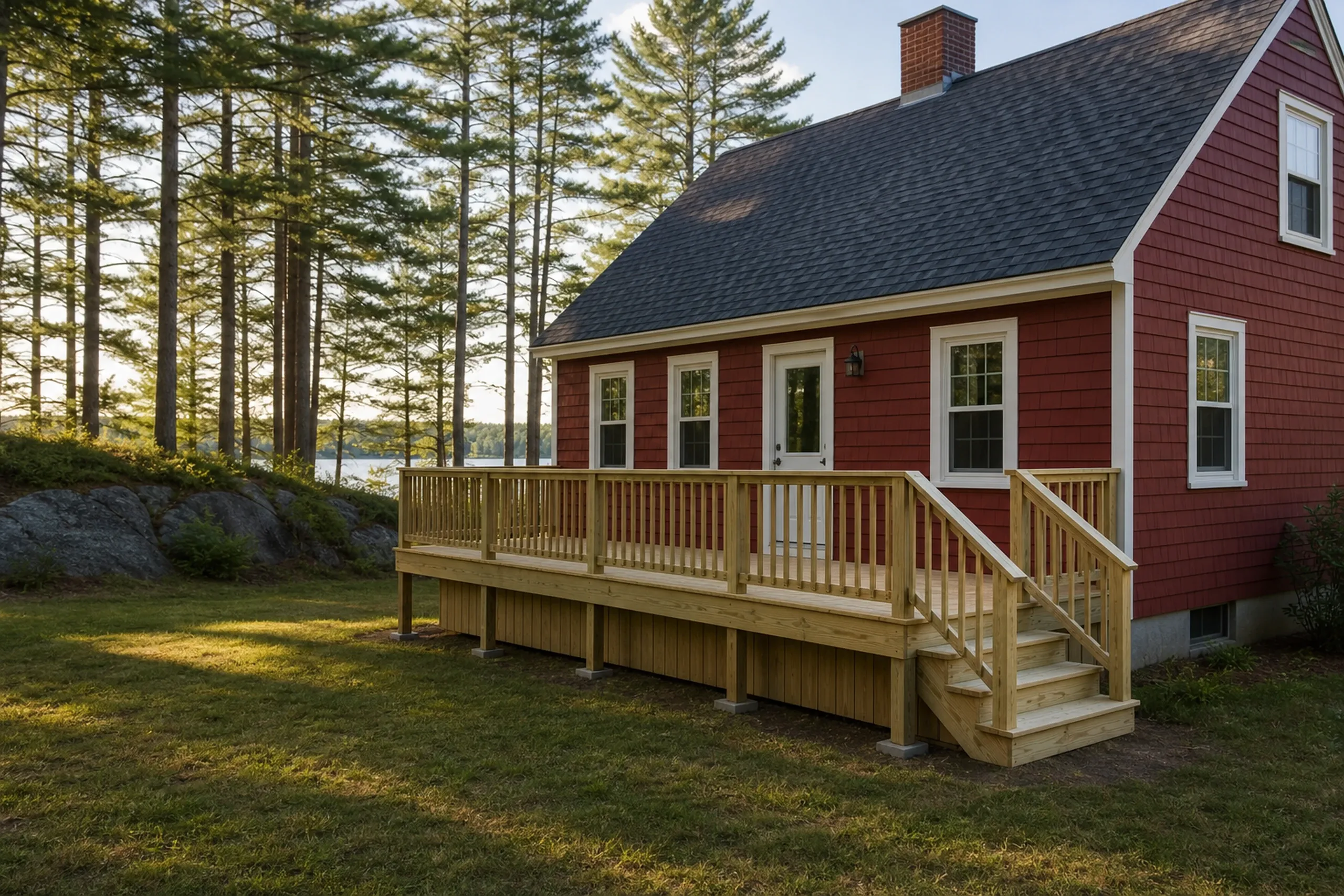 A red house with white trim has a newly built wooden deck with railings and steps; no people are visible in the image.