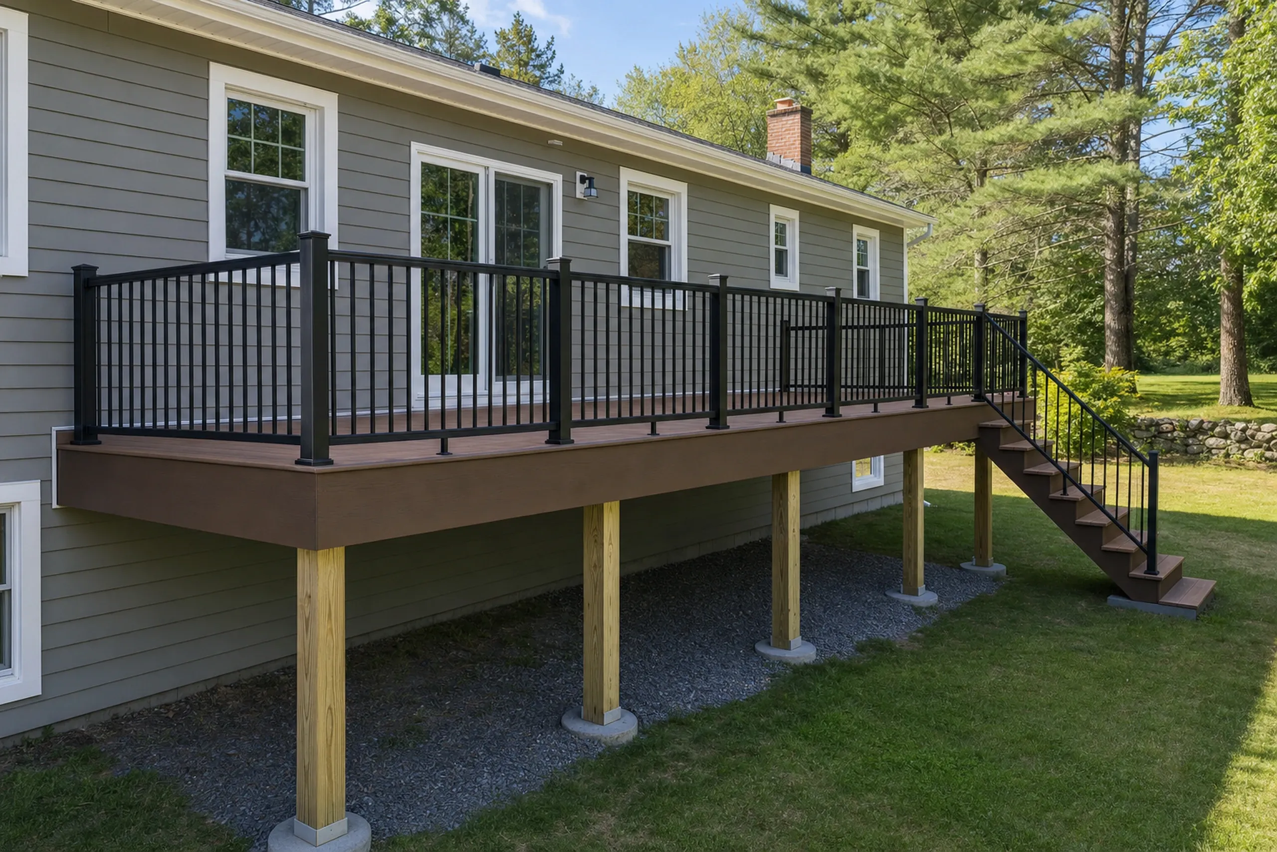 Deck builders in durham, me: Deck builders durham ME: Elevated brown deck with black metal railing attached to beige house with sliding glass door, no people visible.