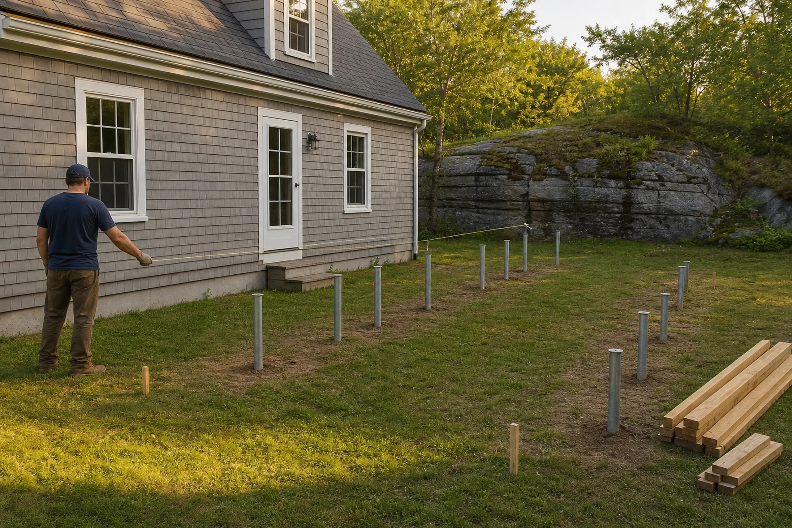 Man stands near a house with gray shingles next to metal posts and wooden beams arranged for a deck with a cable railing.