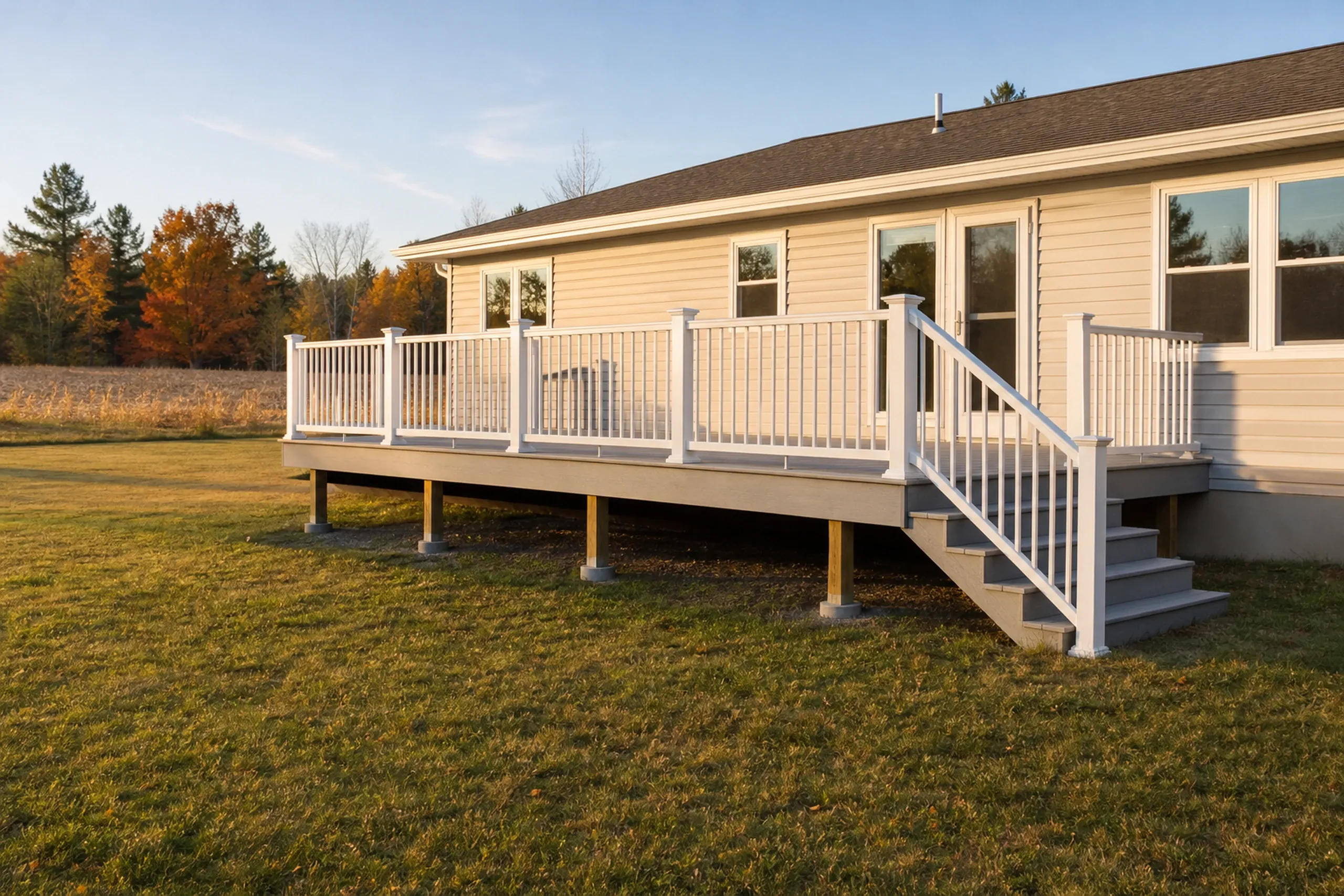 A single-story beige house with white railing on a raised wooden deck and stairs on a grassy lawn during autumn.