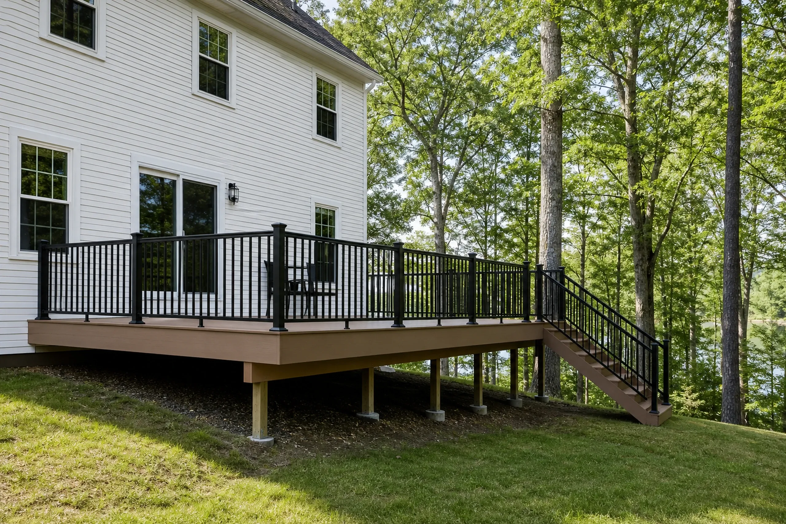 Elevated brown deck with black metal railing attached to white two-story house, overlooking grassy yard and wooded area.