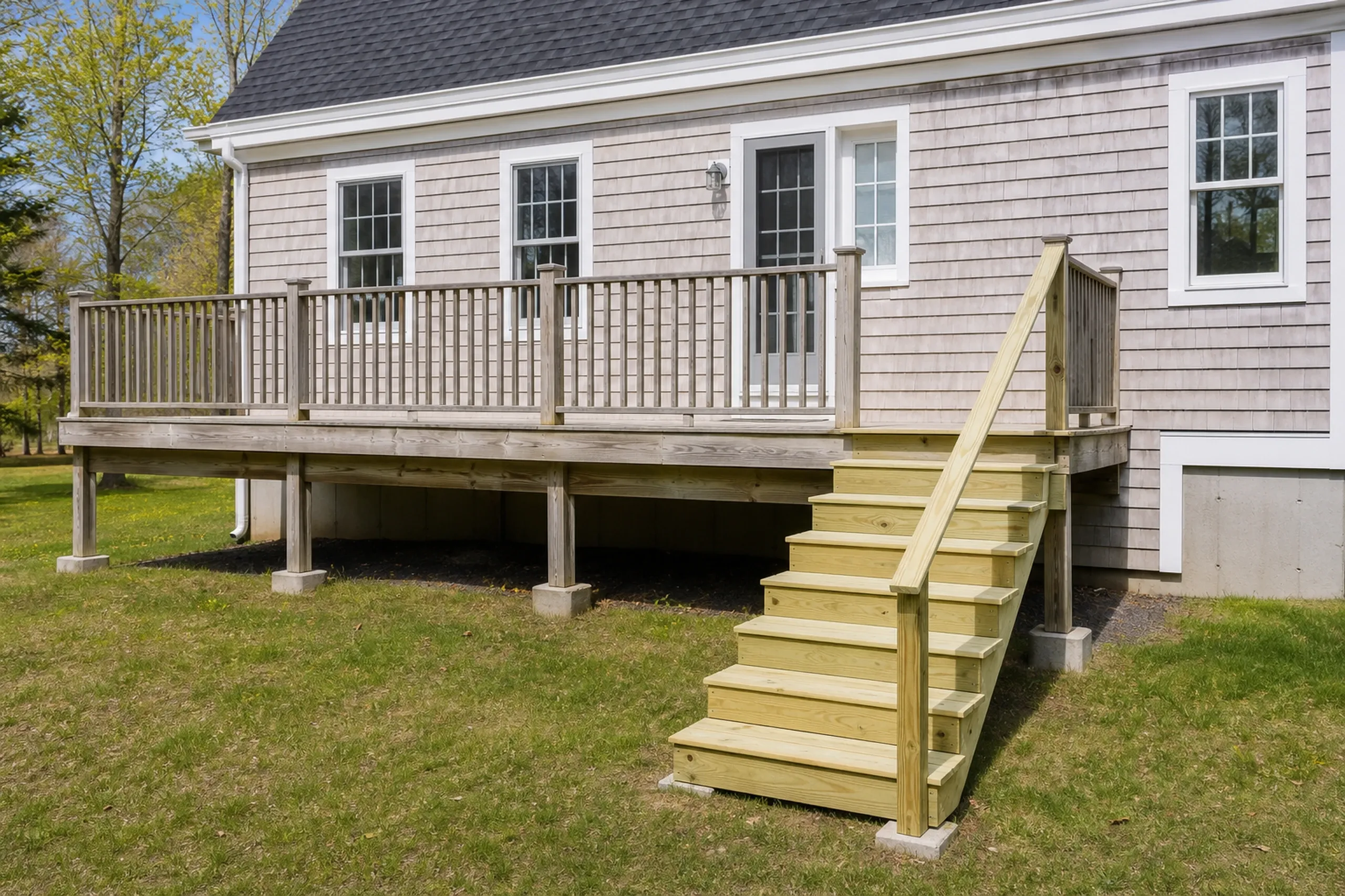 Wooden deck with vertical railings and stairs attached to a beige shingle house with three white-framed windows and a glass door.
