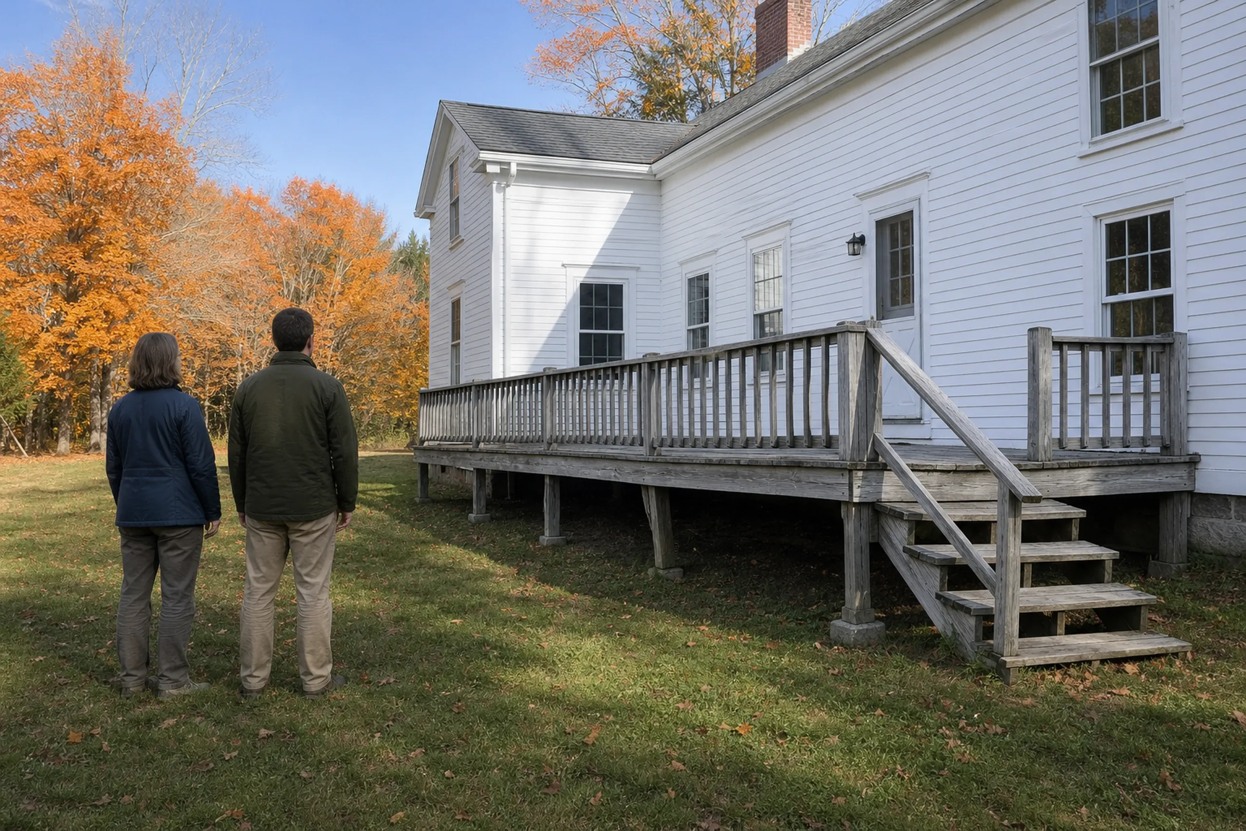 Two people stand on grass facing a weathered wooden deck with railing and stairs attached to a white house in autumn.
