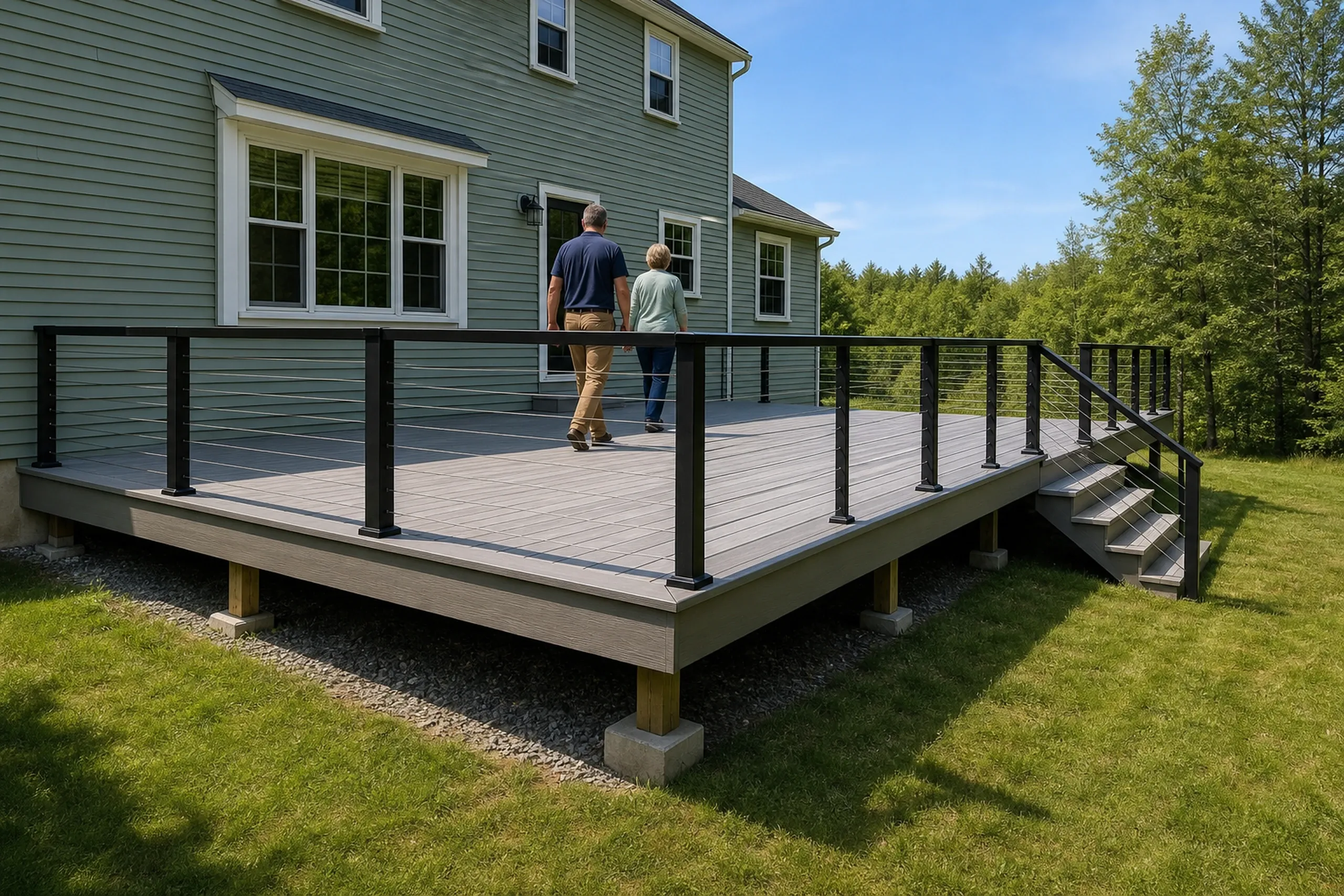 Man and woman walk on spacious gray deck with black cable railing attached to light gray two-story house.
