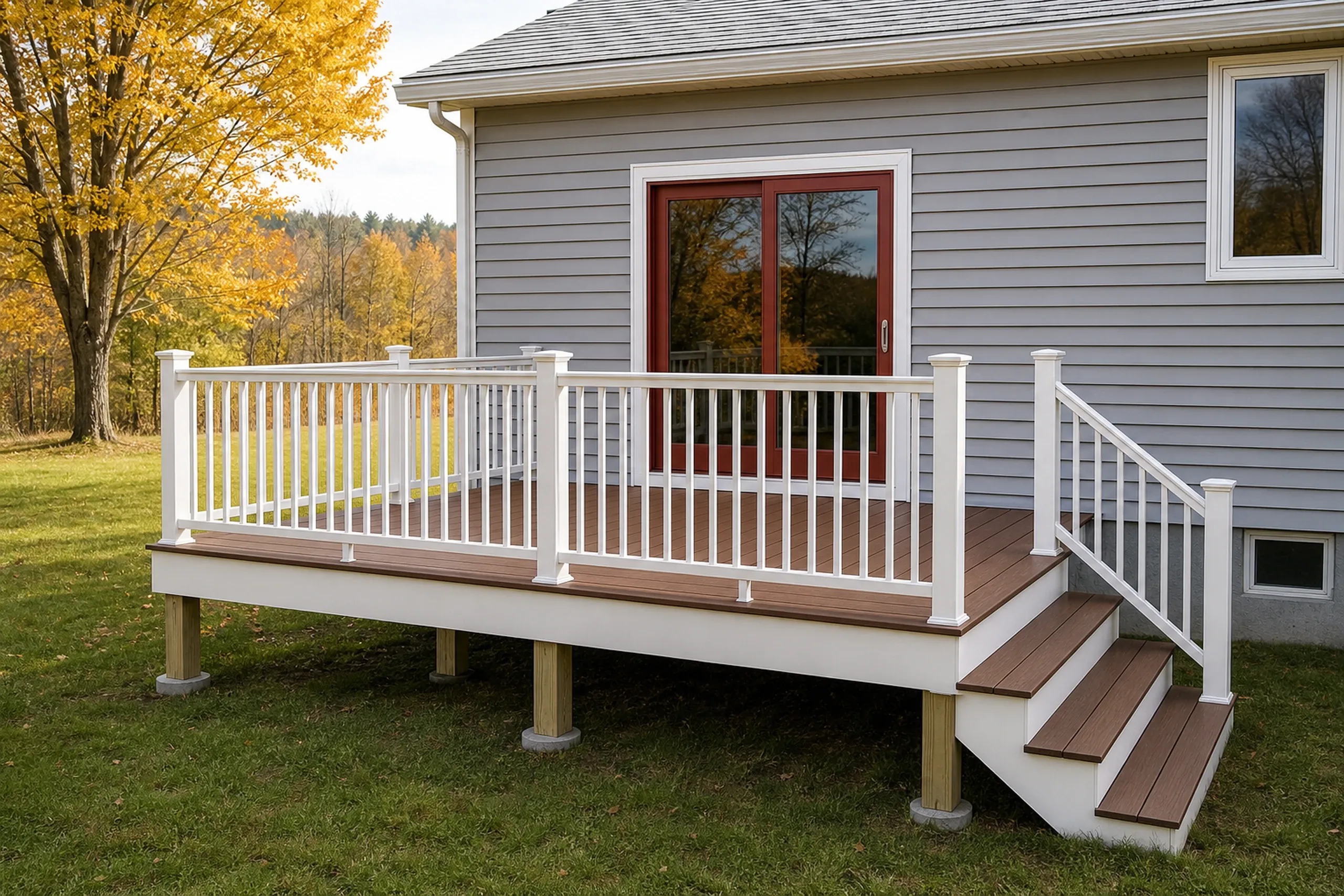 Wood deck with white railing and three-step stairs attached to gray house with red sliding door and small window.