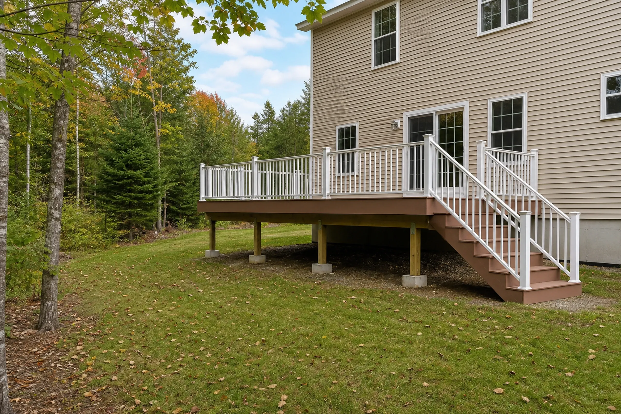 A raised brown wooden deck with white railing and stairs attached to the beige two-story house, surrounded by grass and trees.