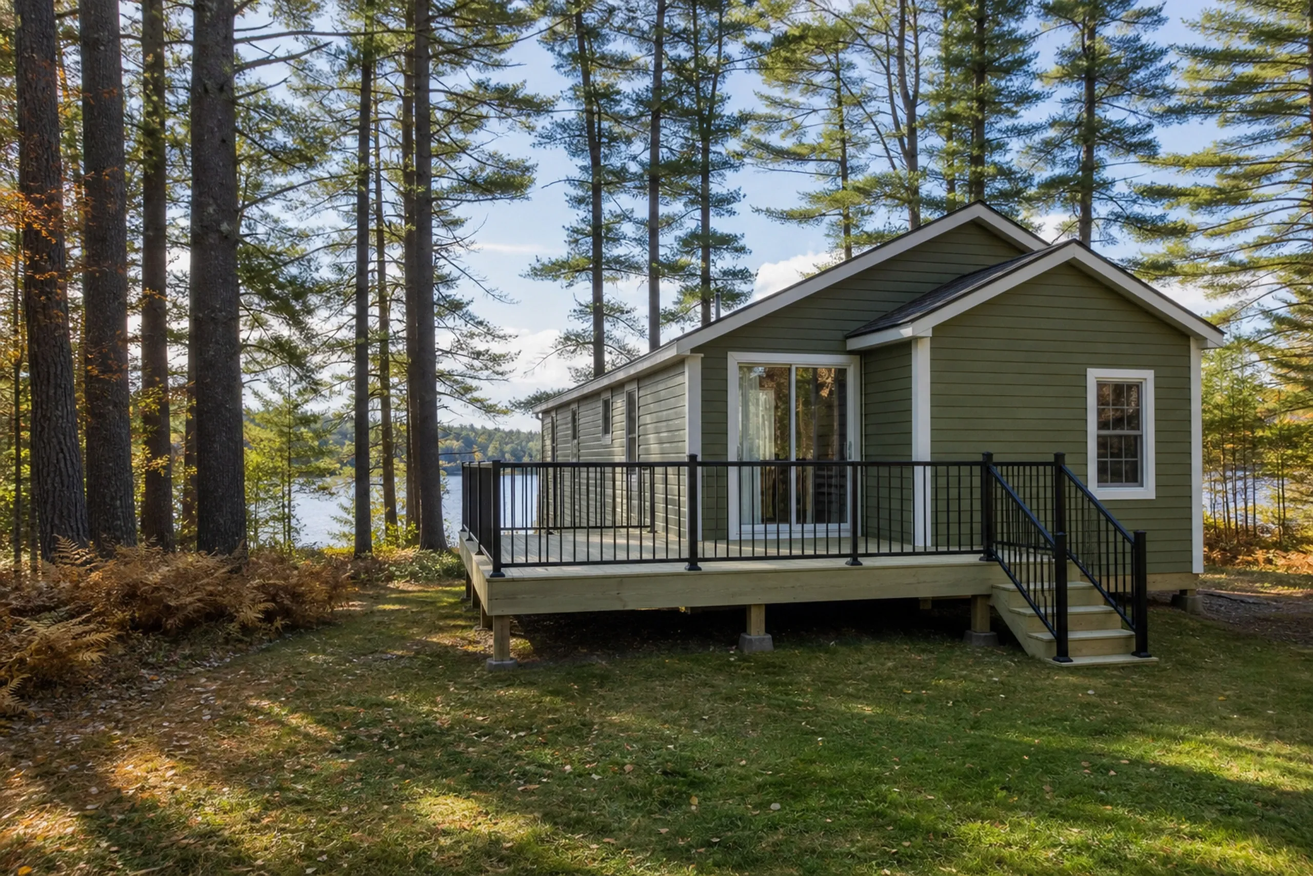 Green house with white trim has a raised wooden deck with black metal railing and stairs, surrounded by tall trees near a lake.