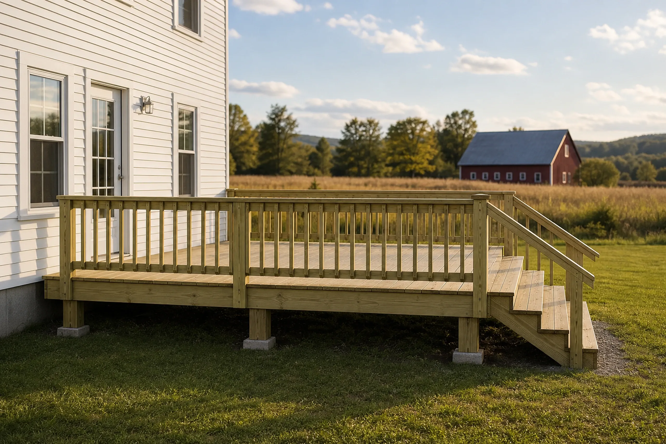 Wooden deck with railing and stairs attached to a white house with windows, overlooking a grassy yard and distant barn.