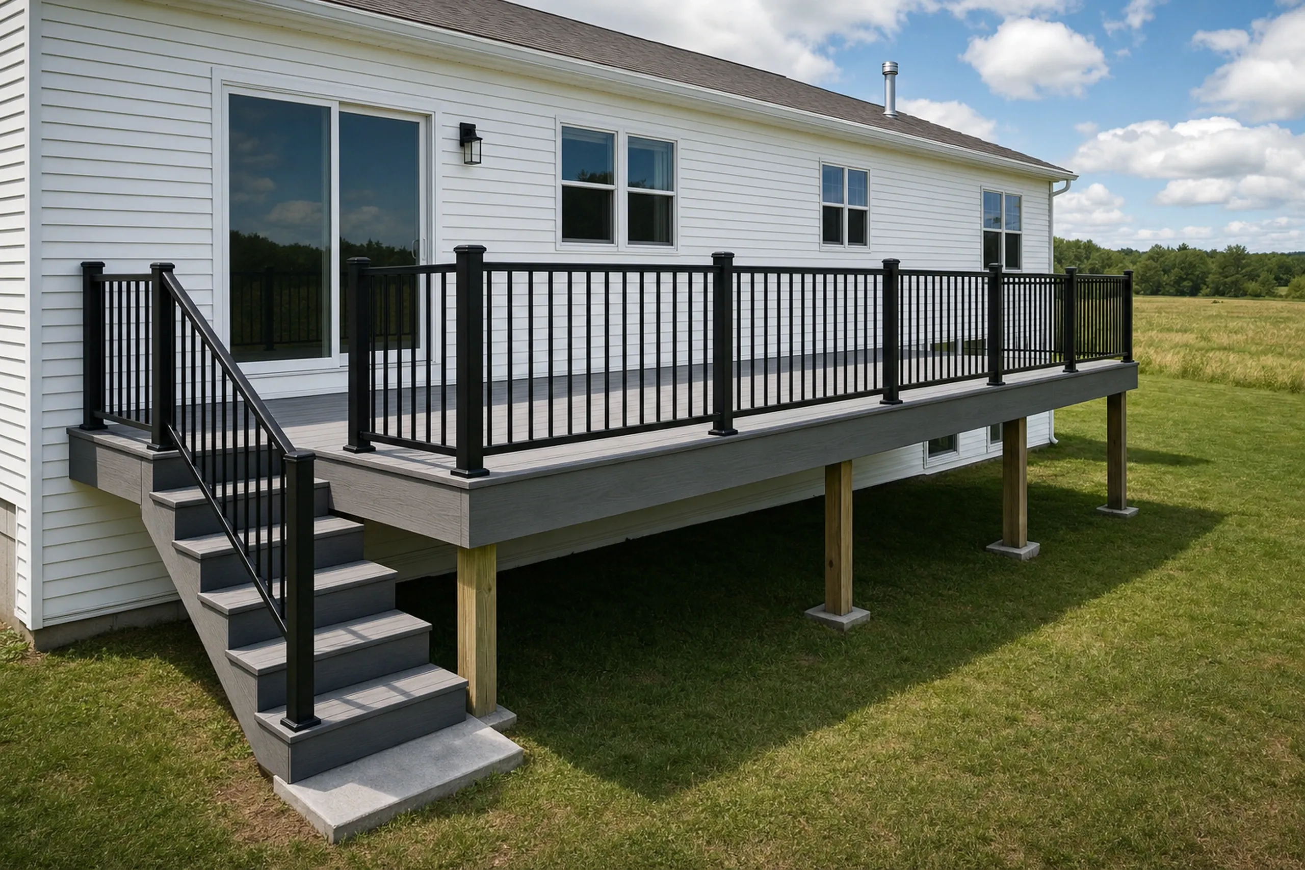 Deck builders in greene, me: Deck builders greene ME: Elevated gray deck with black metal railing attached to white house with sliding door, no people visible.