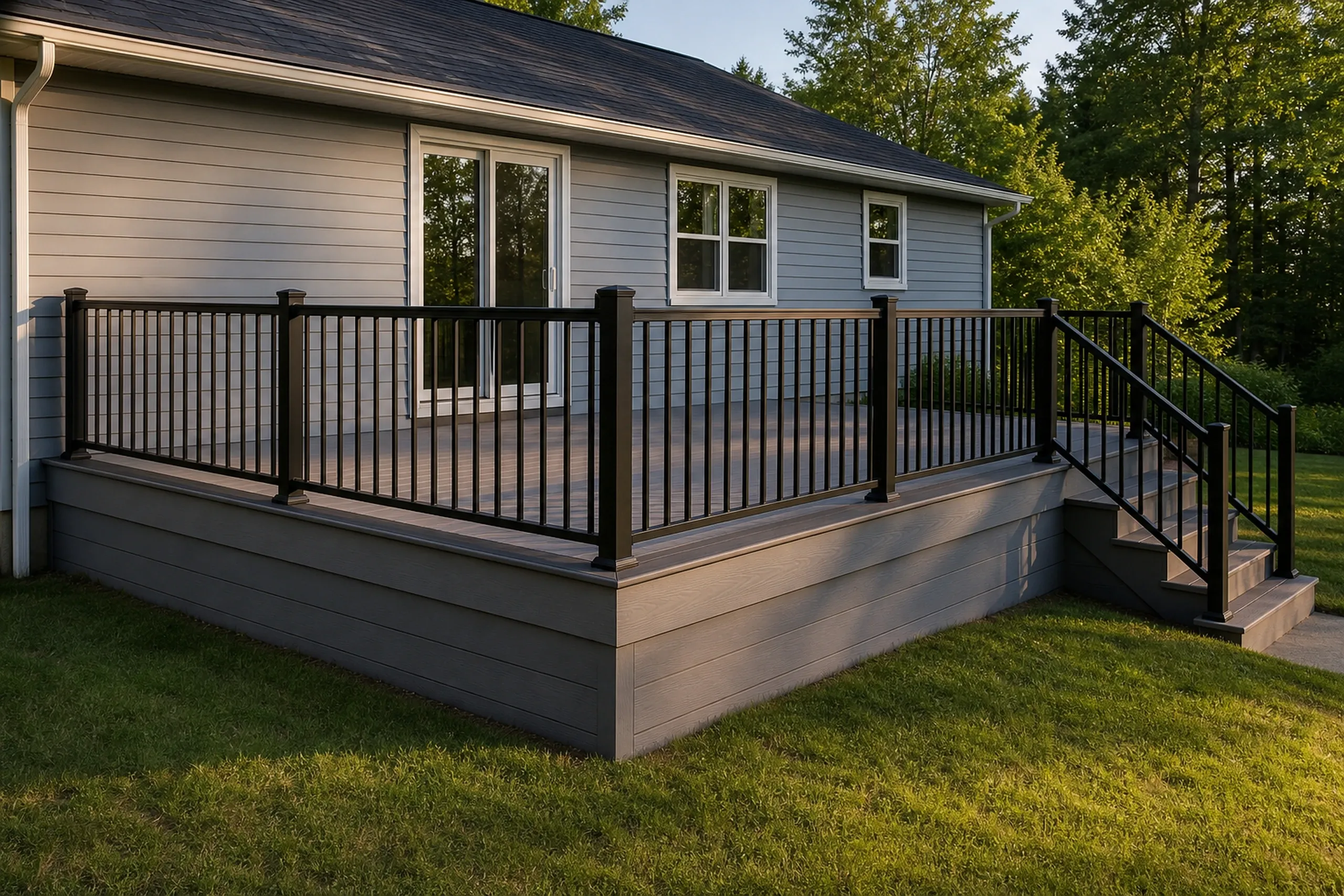 Raised wooden deck with black metal railing and stairs attached to a gray house with two windows and a sliding glass door.