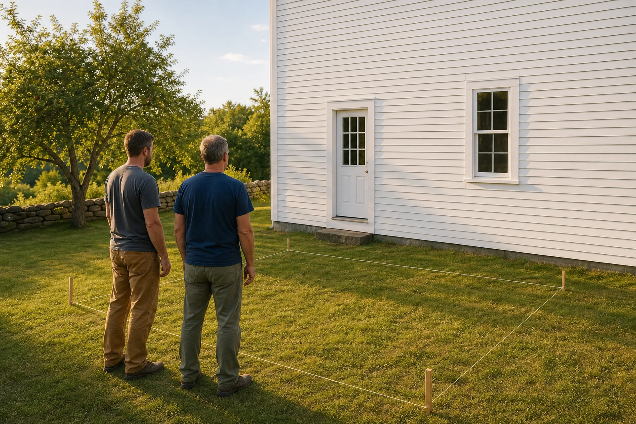 Two men stand on grass near white house with white door and window, outlined area marked by string and wooden stakes.