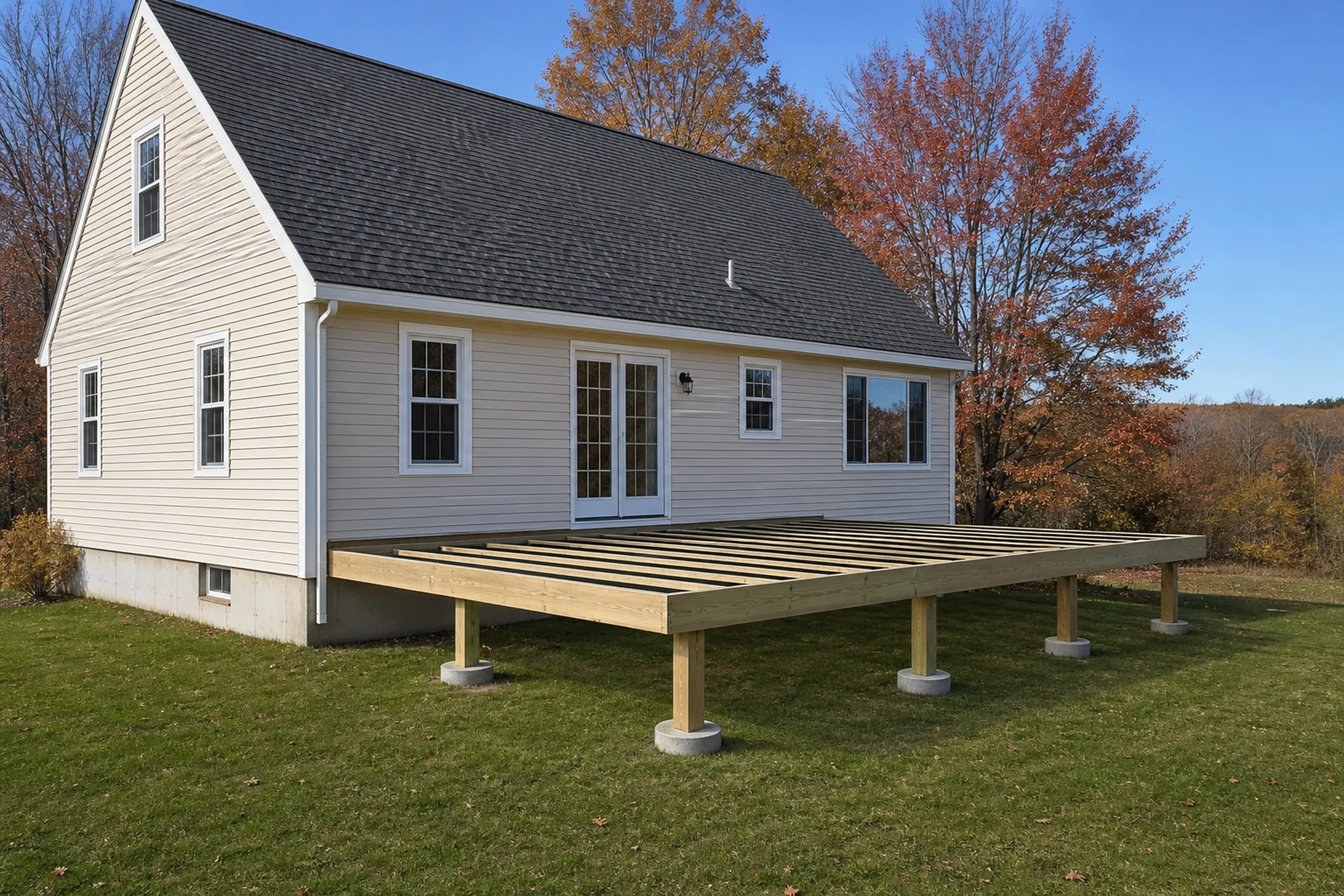 A beige house with a black roof has a partially built wooden deck without railing attached; no people are visible.