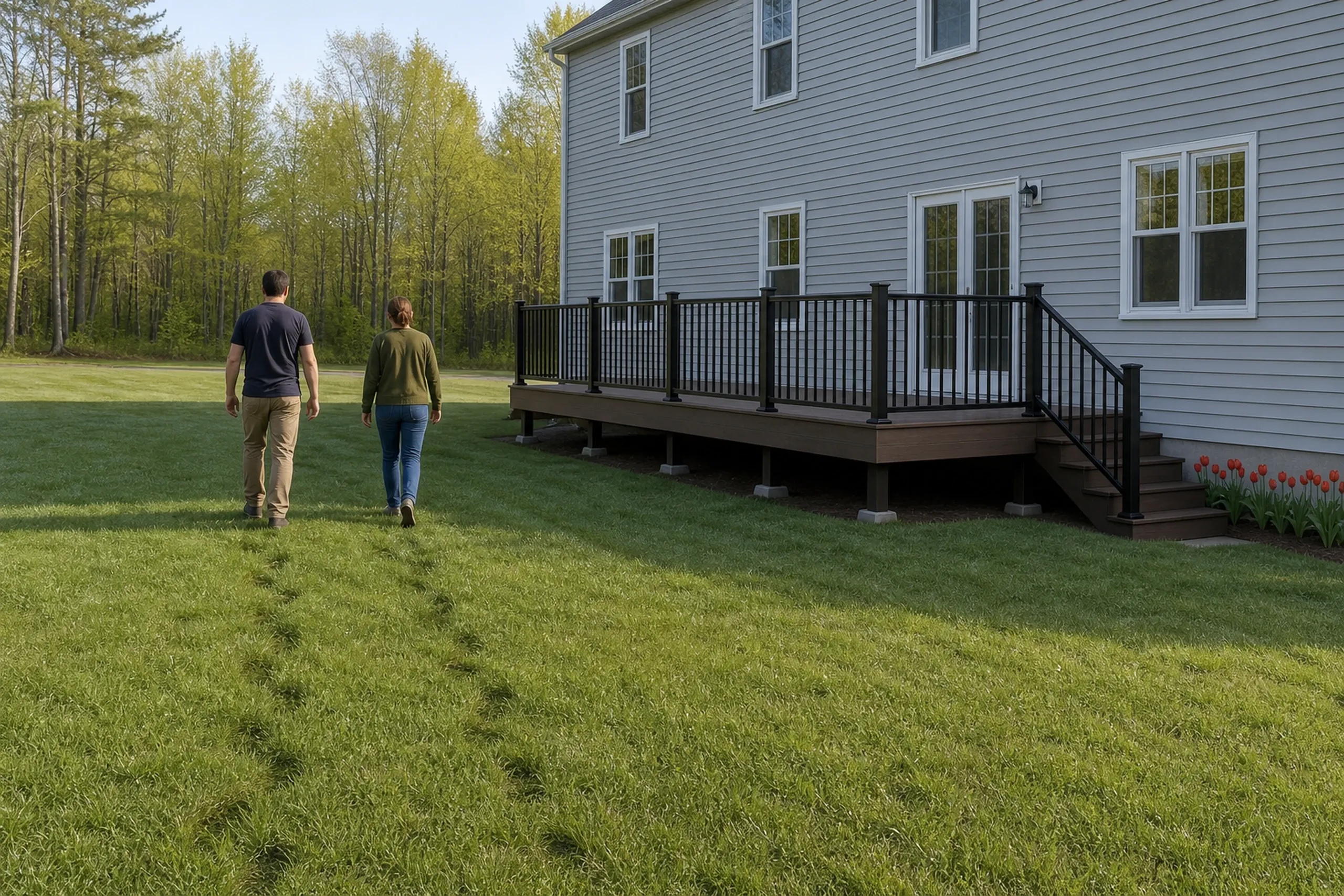Two people walk on grass beside a gray two-story house with a raised wooden deck with black metal railing and stairs.