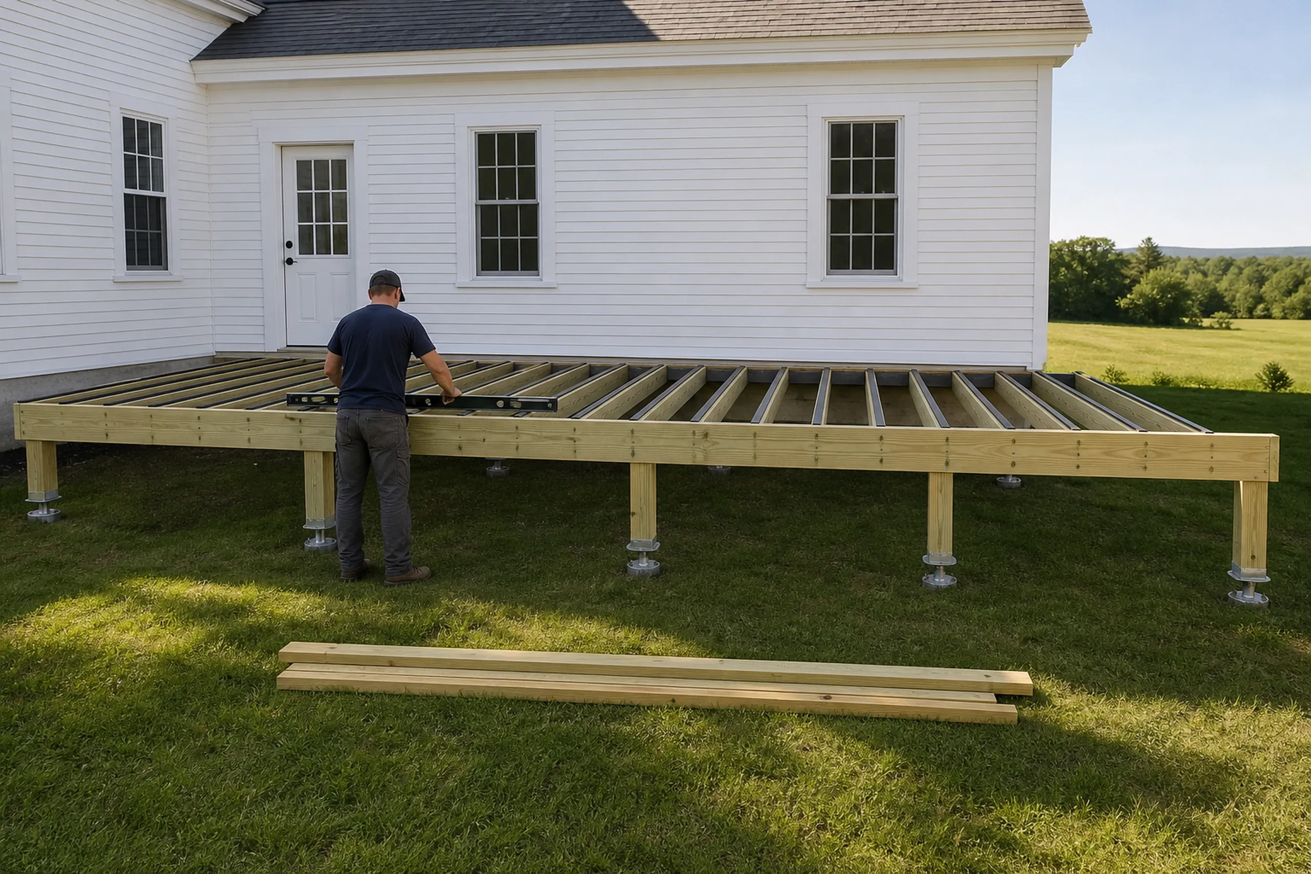 Man working on a wooden deck frame with joists attached to a white house with two windows and a door, no railing installed yet.