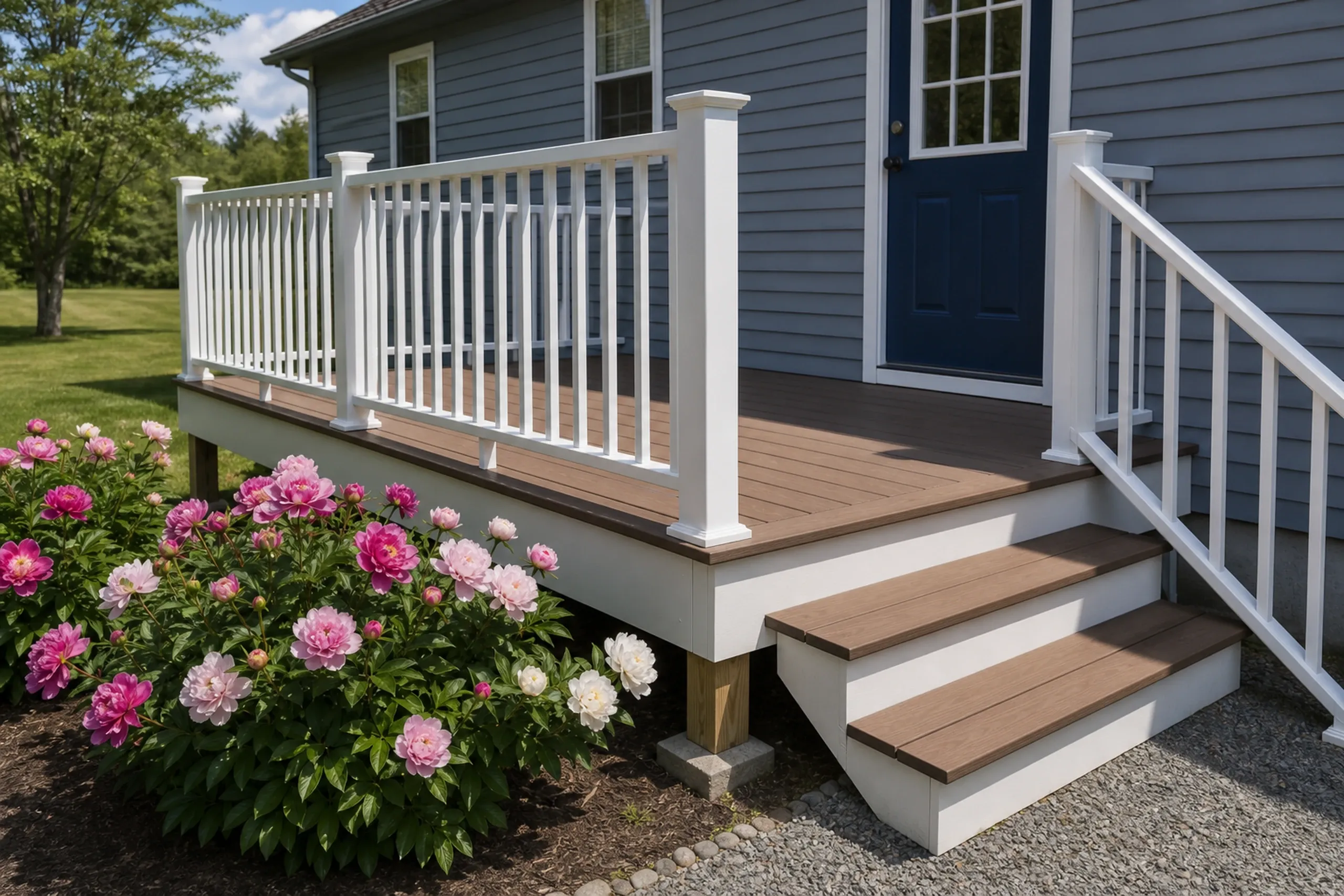 A brown wooden deck with white railing and steps leads to a blue door on a gray house, with pink and white flowers nearby.