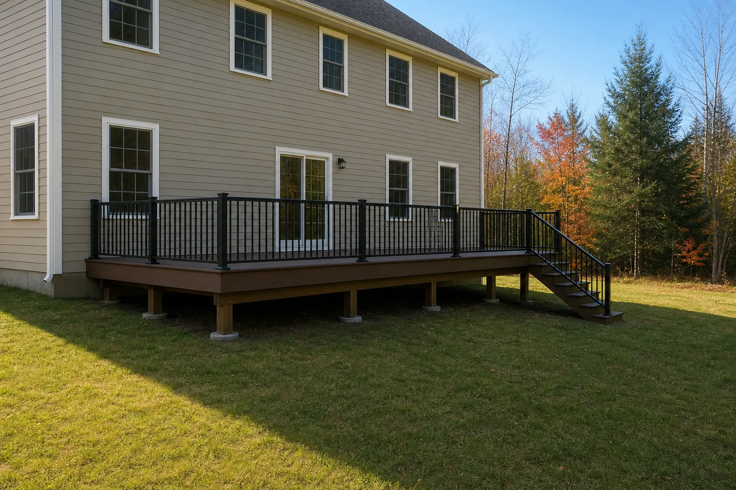 Two children stand on a raised brown wooden deck with black metal railing attached to a beige two-story house.