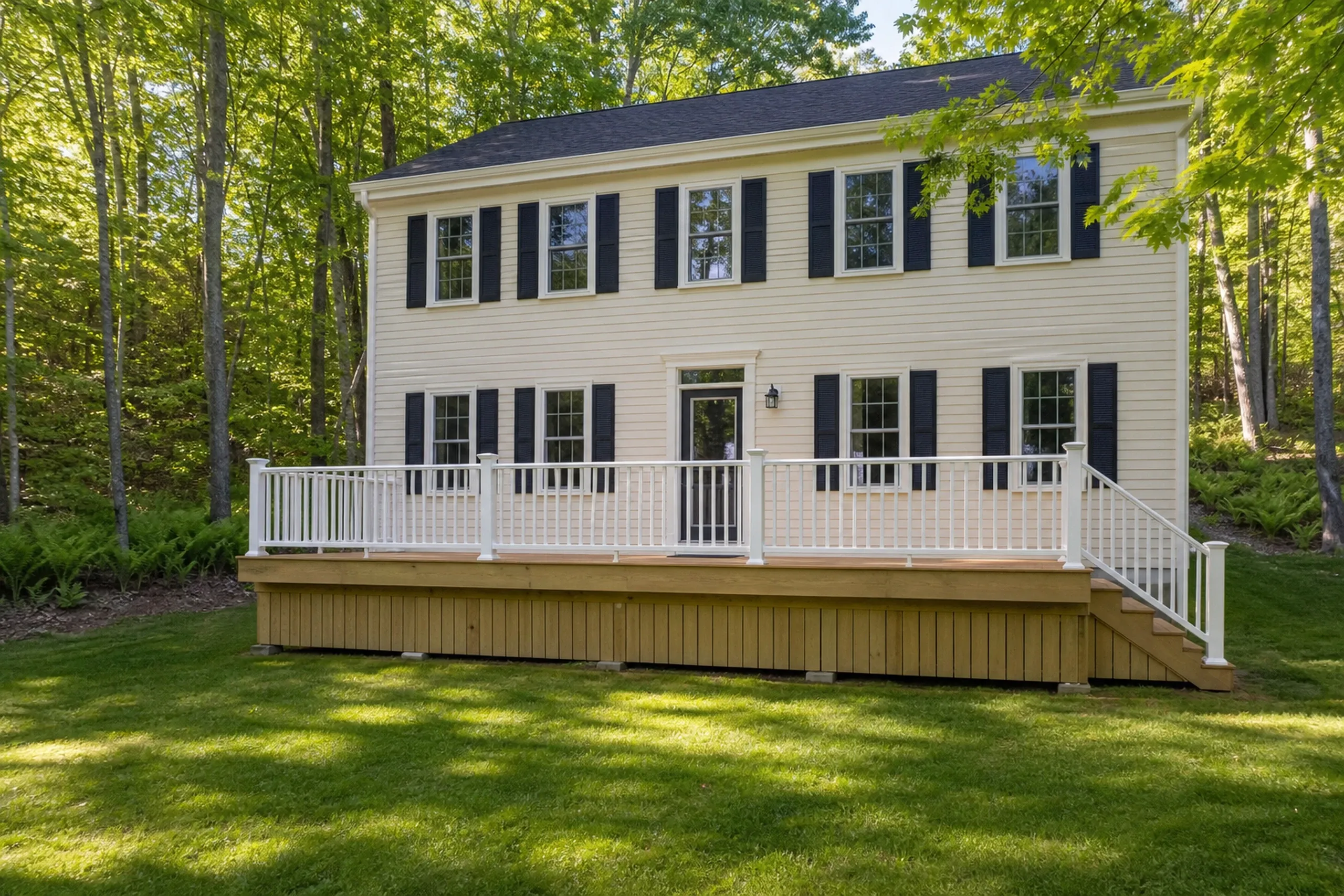 Two-story beige house with black shutters, a large wooden deck with white railing, and no people visible.