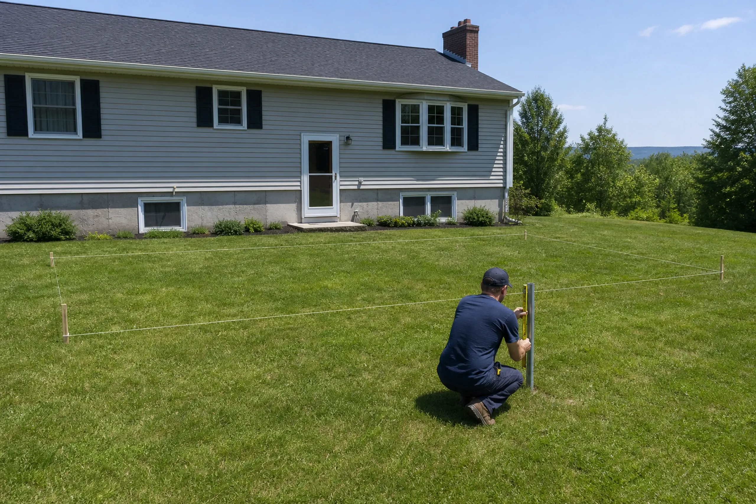 Man kneels on grass outside a gray single-story house, marking a rectangular area with string and stakes, no deck or railing visible.
