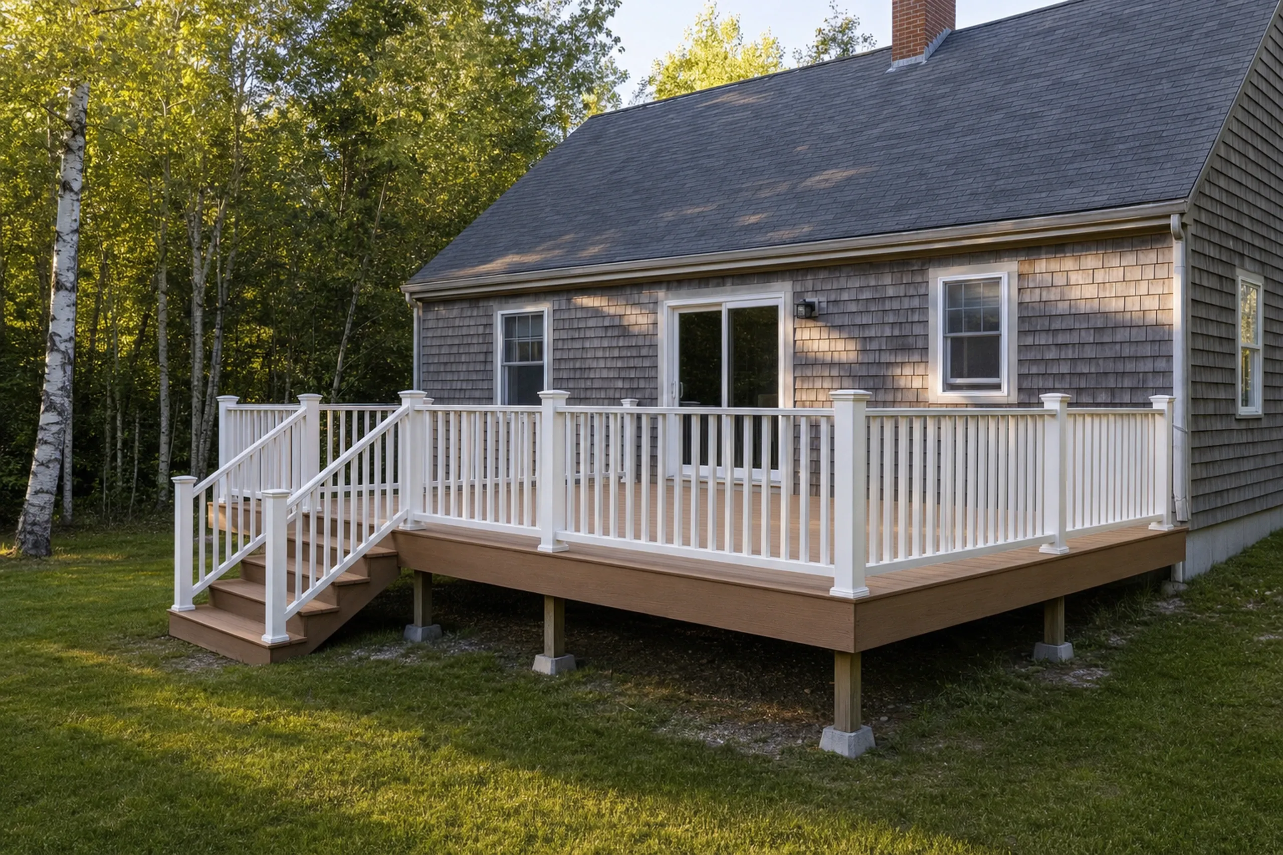 Deck builders in hebron, me: Deck builders hebron ME: Brown elevated wooden deck with white railing and stairs attached to gray shingle house, no people visible.