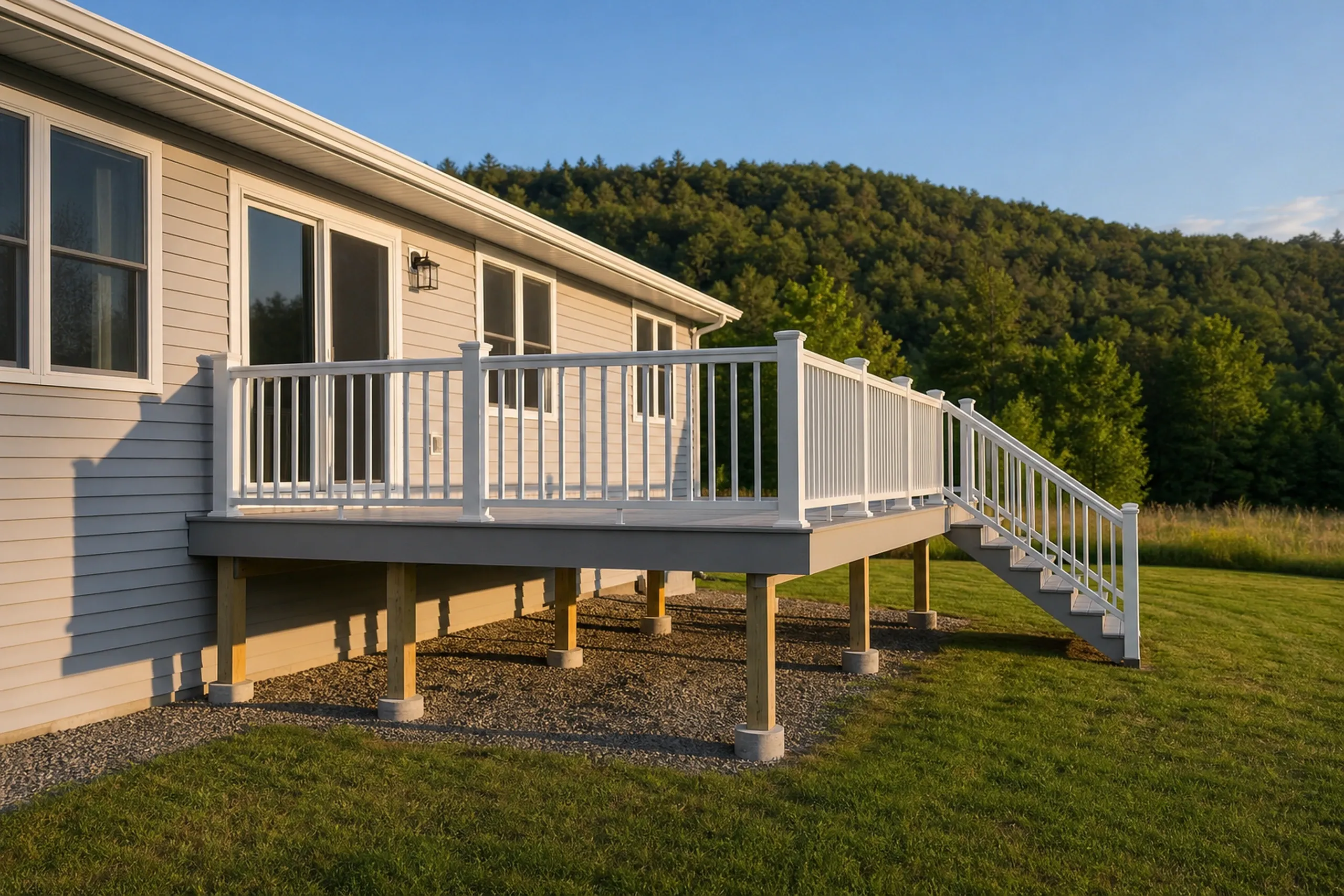 A beige house with large windows features a raised wooden deck with white railings and stairs, overlooking a grassy yard and trees.