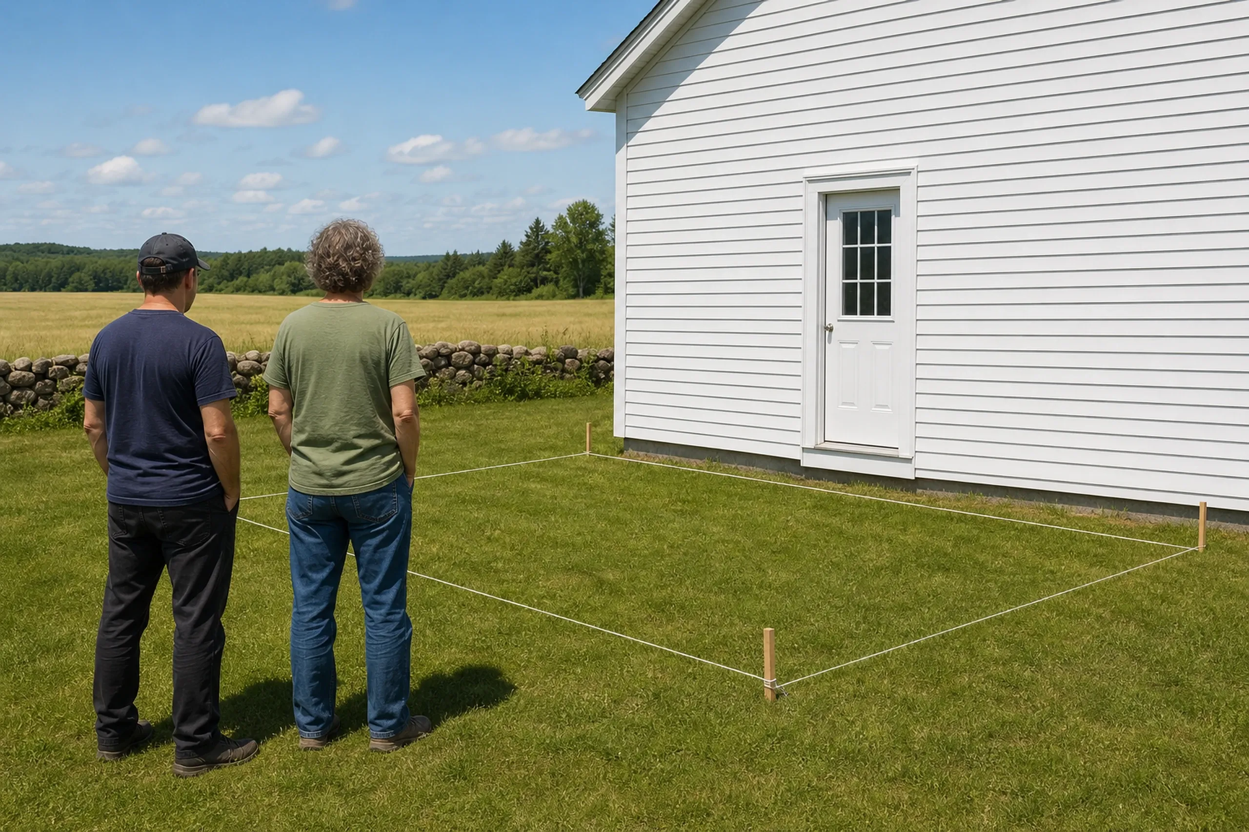 Two men stand on grass beside a white house with a door, next to a square marked by string and wooden stakes.