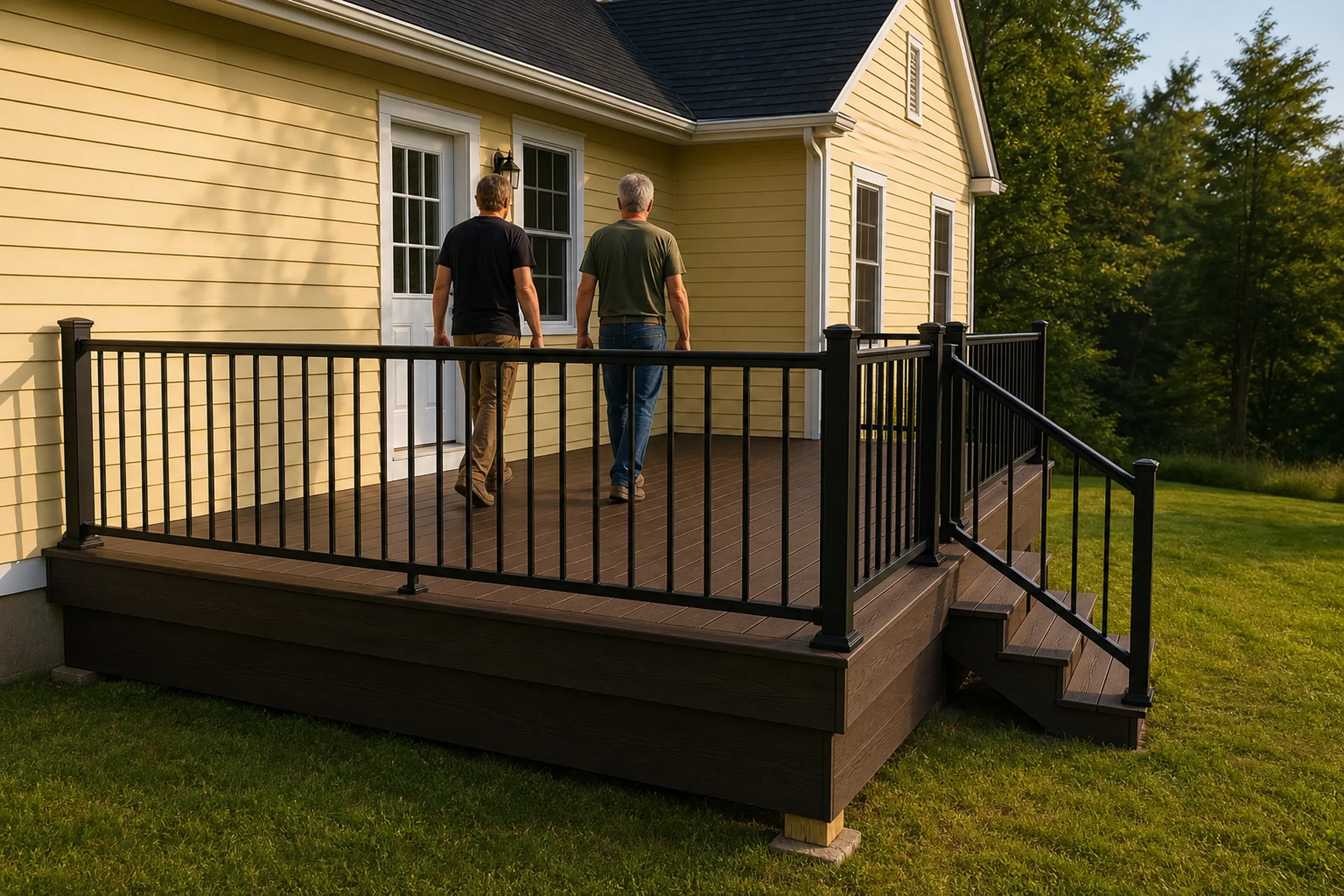 Two men walk on a dark brown deck with black metal railing attached to a yellow house with white trim.