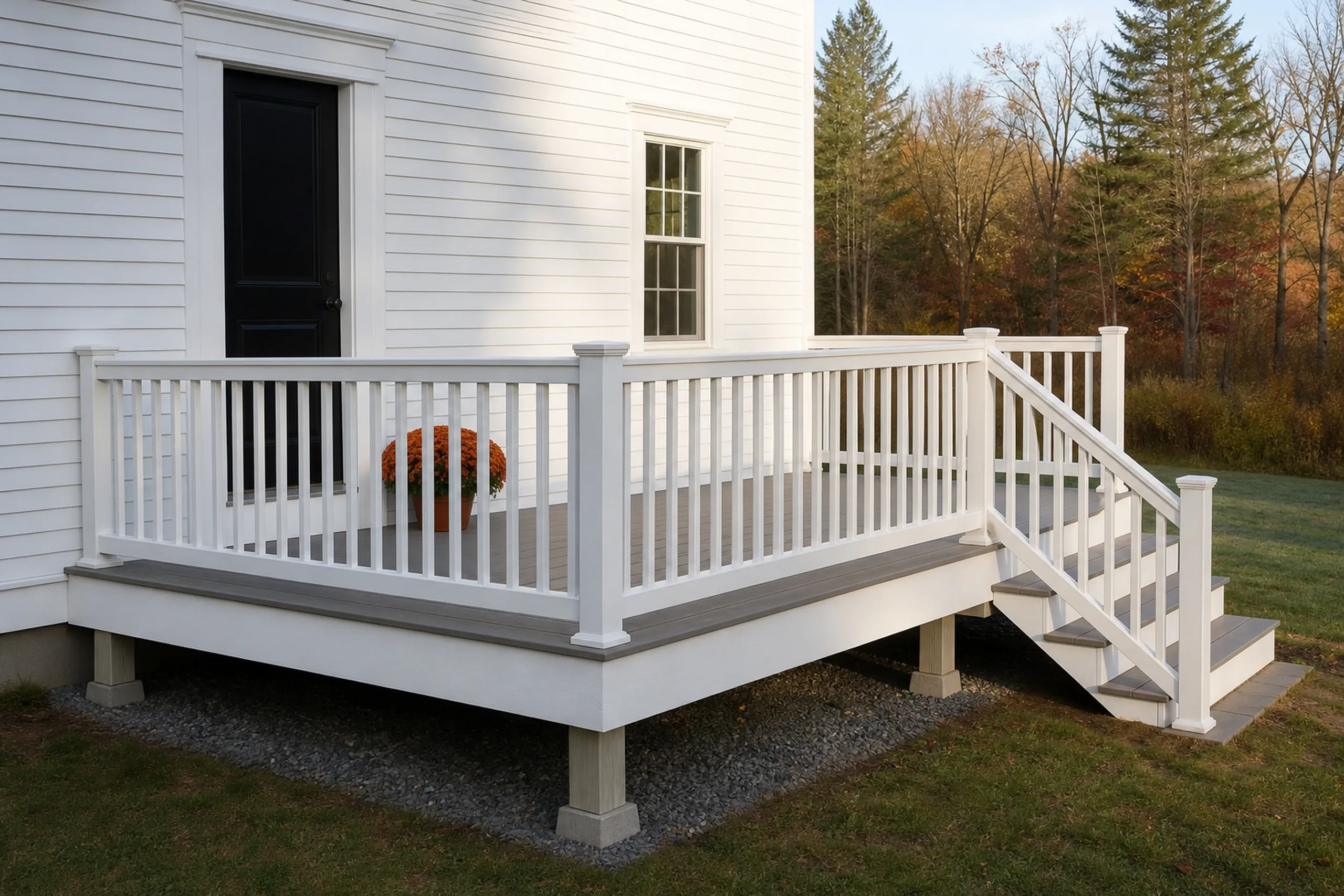 White wooden deck with white railing and stairs attached to a white house with a black door and a window, featuring a potted plant.