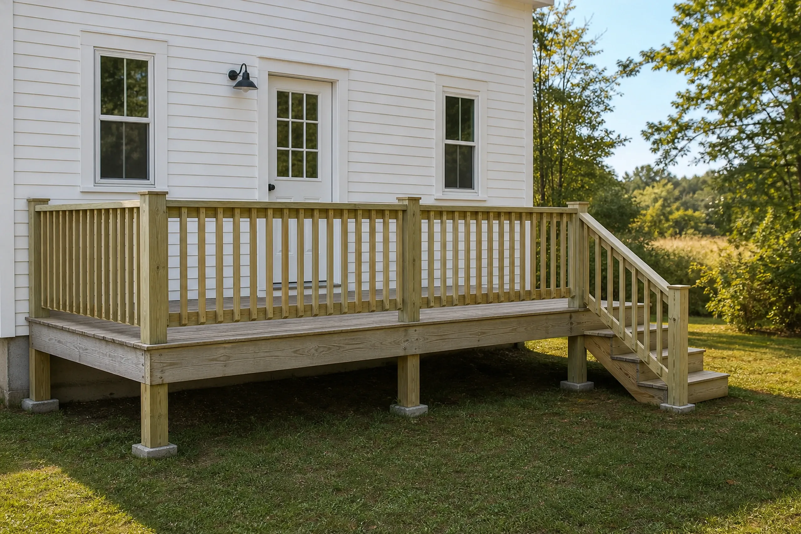 Wooden deck with vertical railing and three-step stairs attached to a white house with two windows and a door; no people visible.