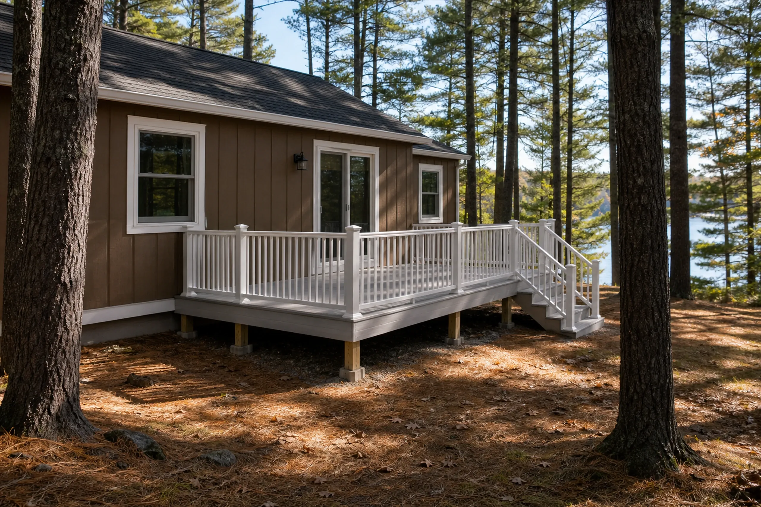 There are no people visible in the photo of a brown house with a white-railed deck and stairs surrounded by tall trees.