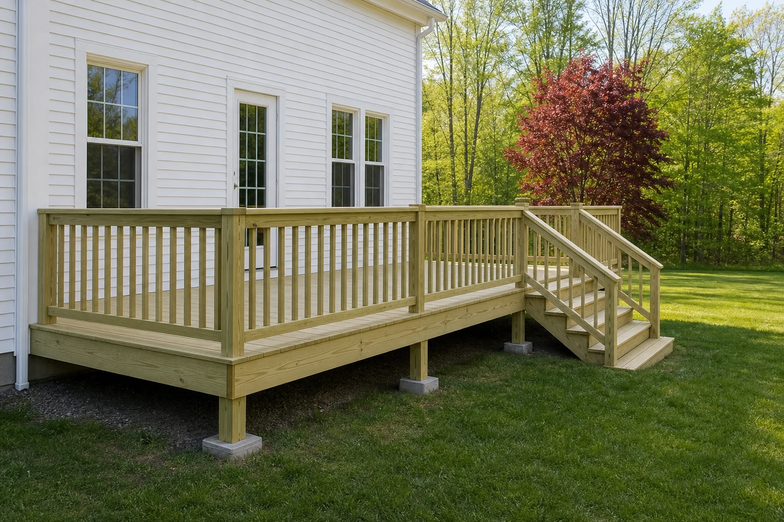 A wooden deck with railings and steps attached to a white house with three windows, surrounded by green grass and trees.