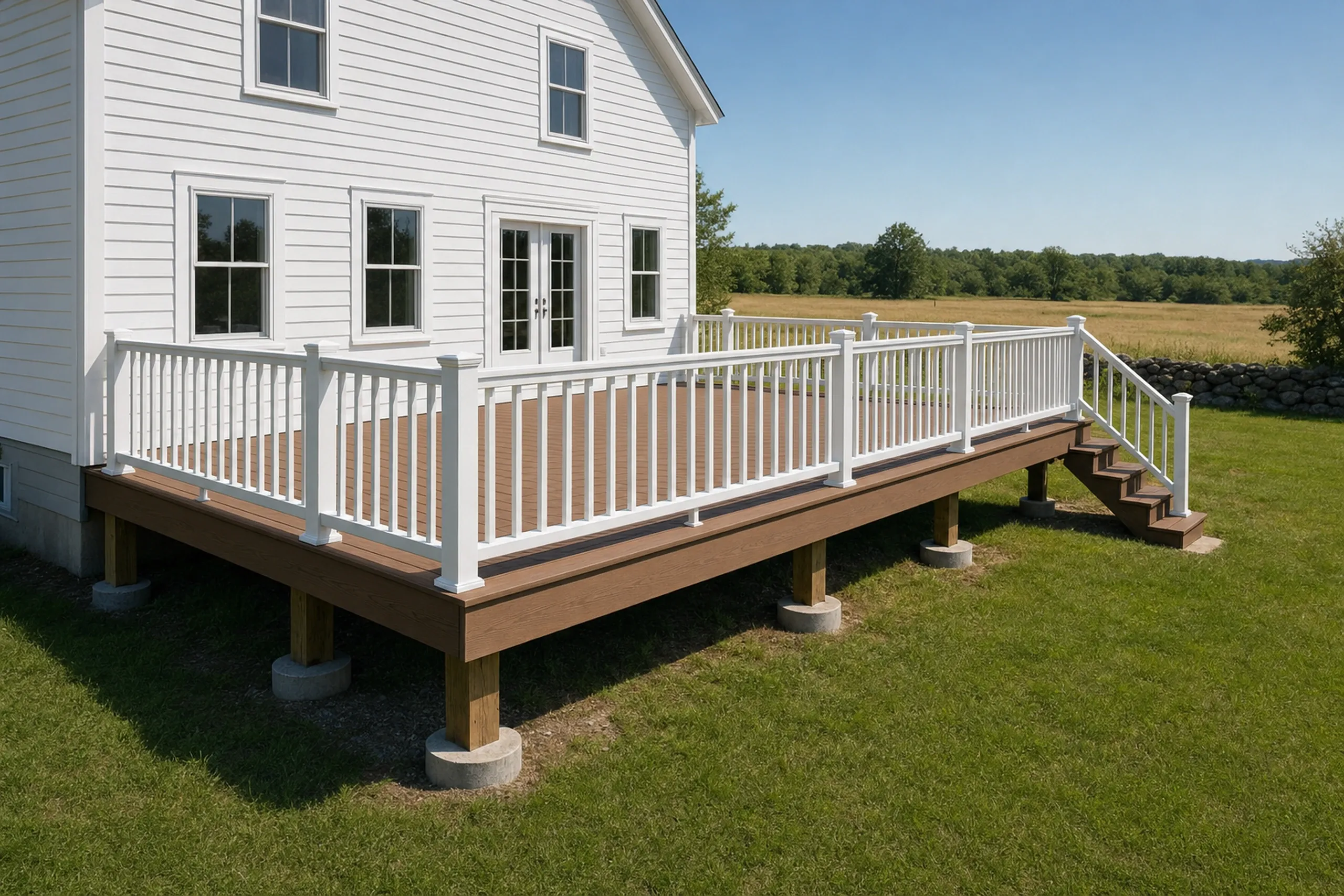 Deck builders in leeds, me: Deck builders leeds ME: Elevated brown wooden deck with white railing and stairs attached to a white two-story house with multiple windows.