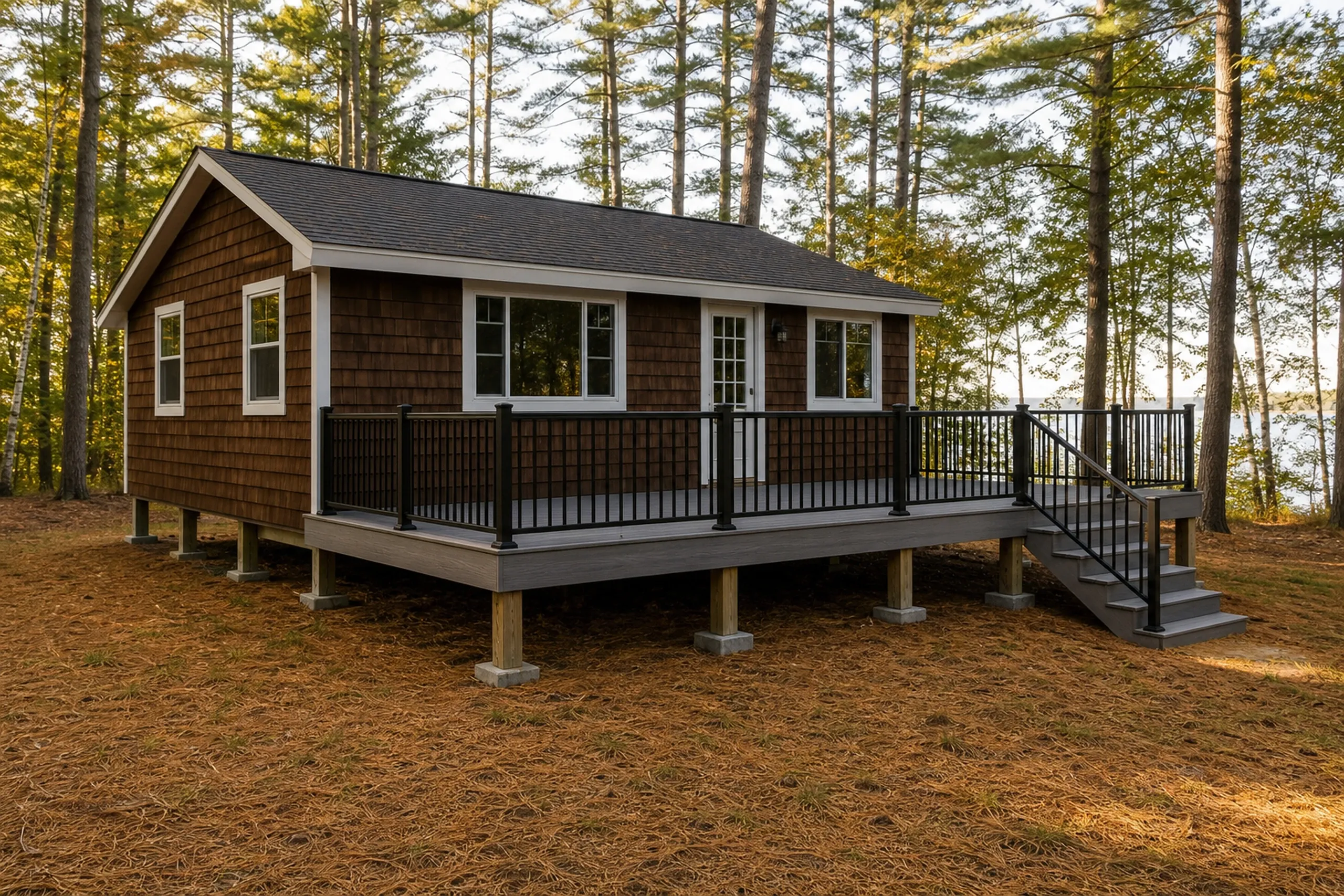 Small brown house with white trim sits on raised gray deck with black metal railing and stairs, surrounded by tall pine trees.