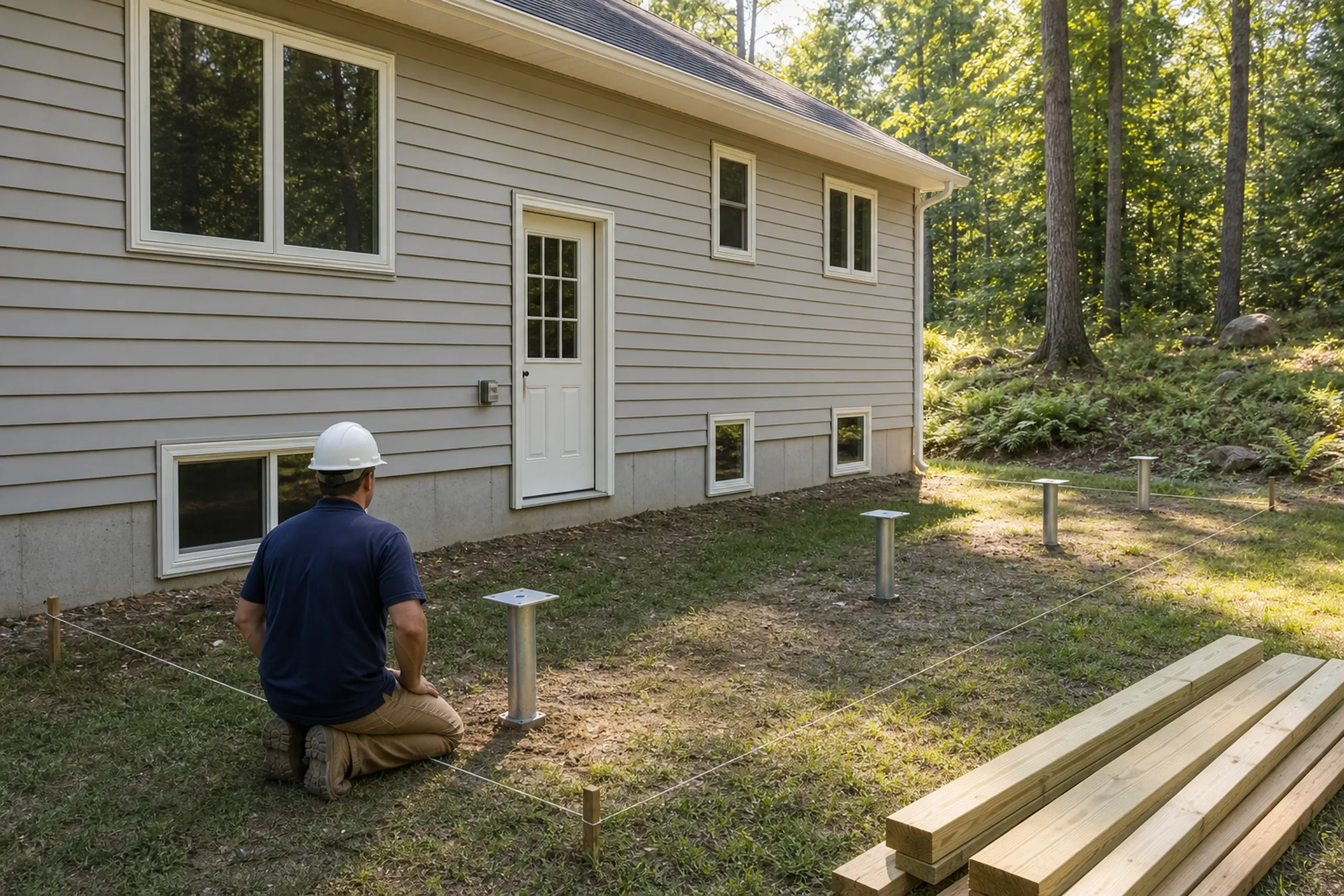 Man in hard hat kneels on grass next to metal deck posts outside gray house with white door and windows, lumber stacked nearby.