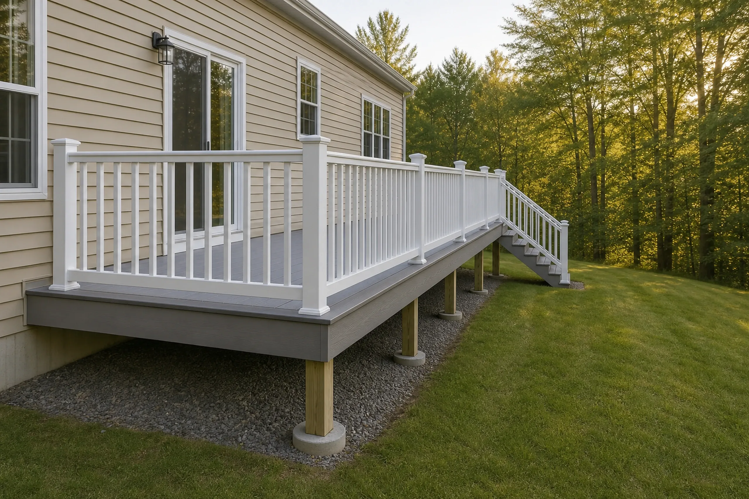 Raised gray deck with white railing attached to a beige house, no people visible, overlooking a grassy yard with trees in the background.