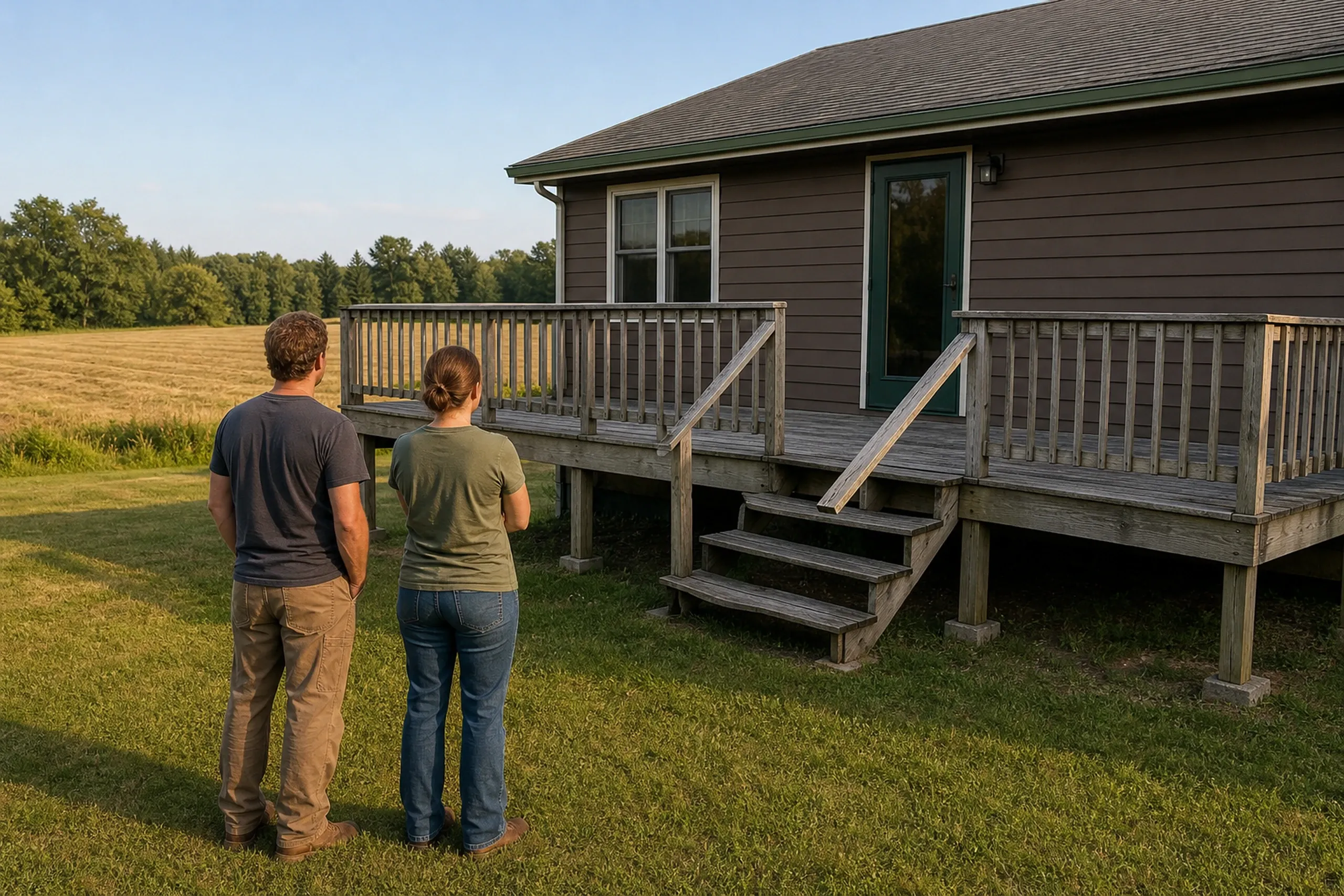 Two people stand on grass facing a raised wooden deck with stairs and railing attached to a brown house with green-trimmed door and windows.
