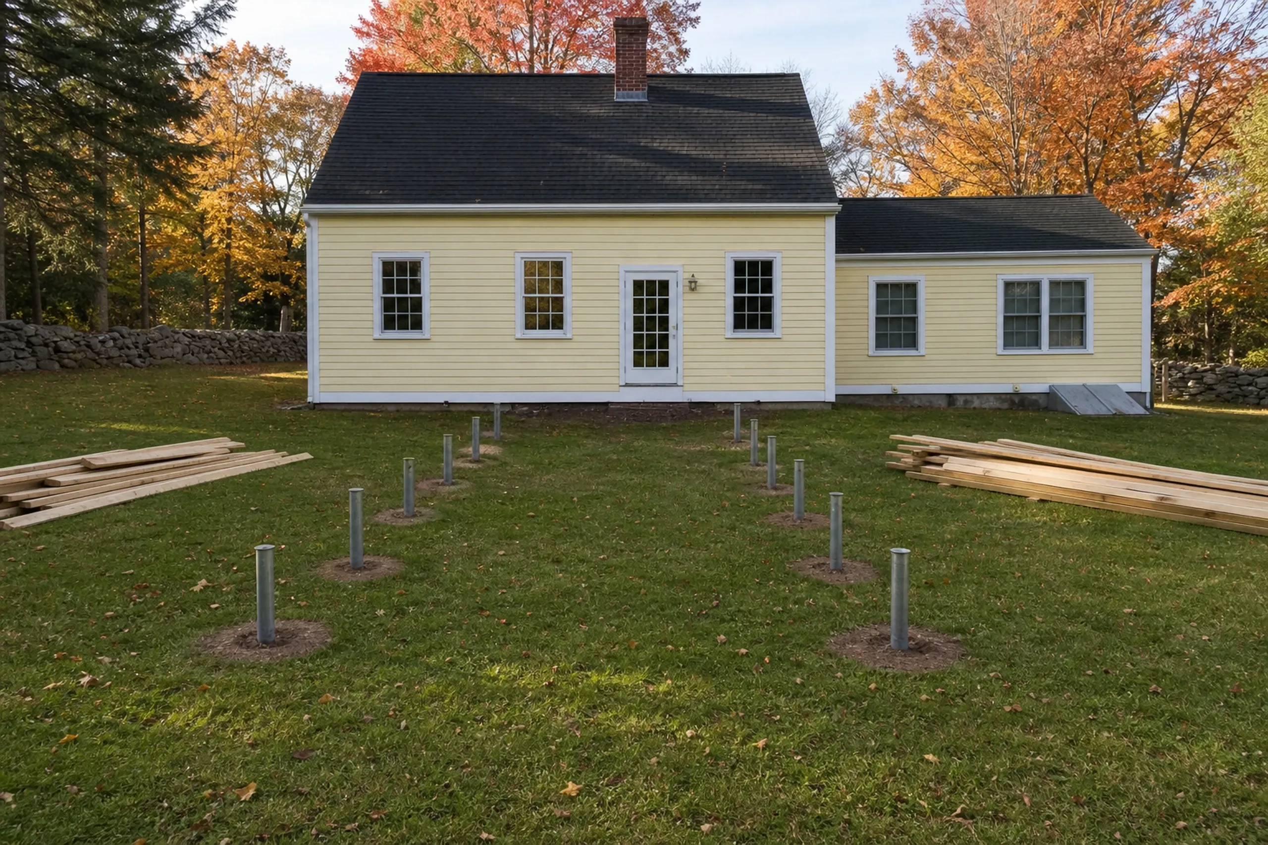 Yellow house with white trim and black roof, no deck or railing, six metal posts in grass, and two people near right side of house.