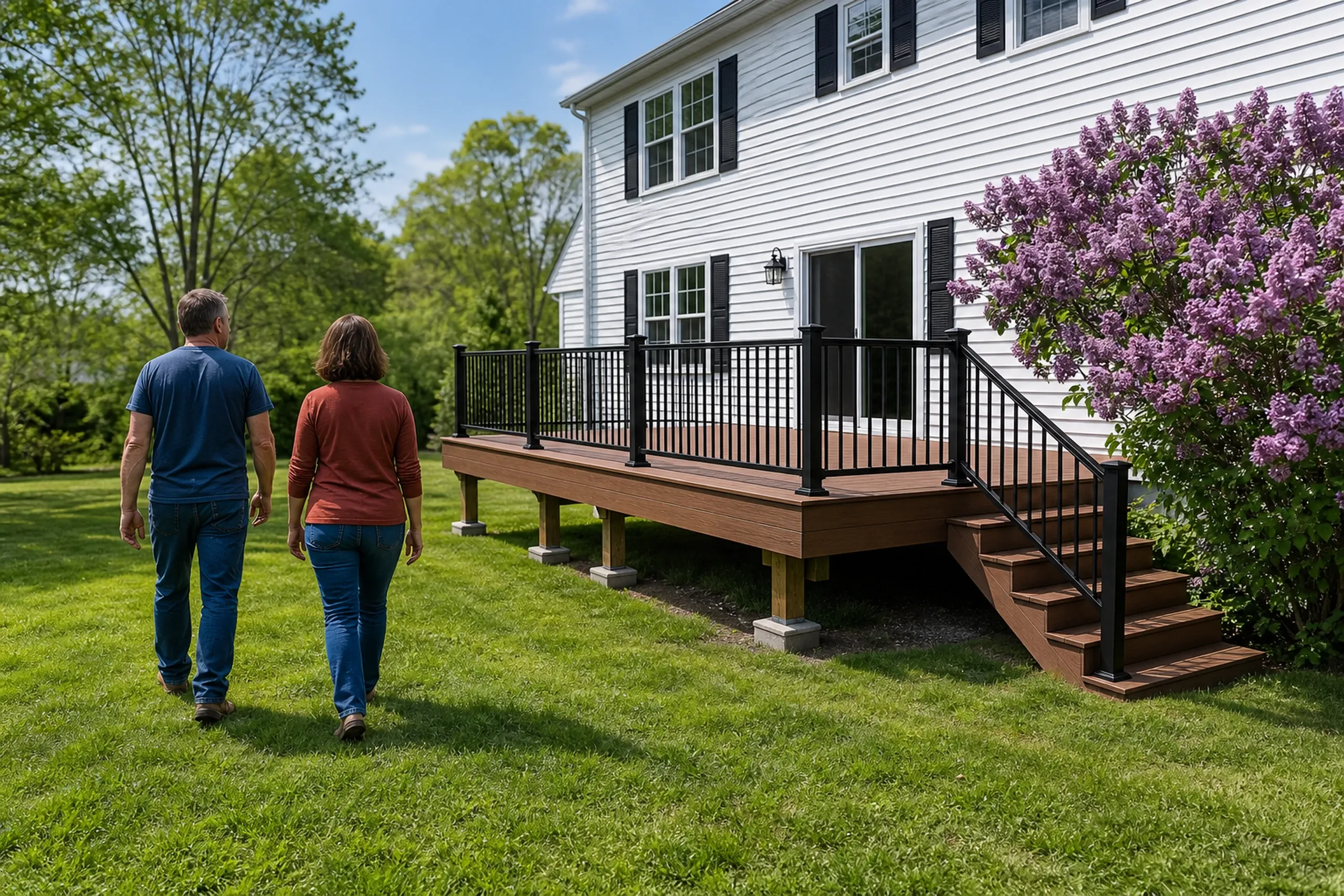 Two people walk toward a raised brown deck with black metal railing attached to a white two-story house.