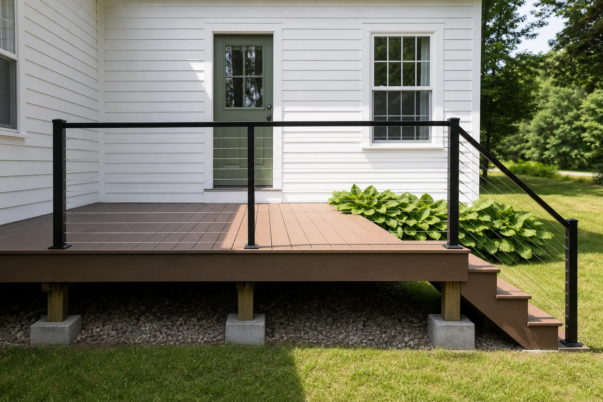 Brown wooden deck with black metal railing and cable, attached to white house with green door and window, surrounded by greenery.