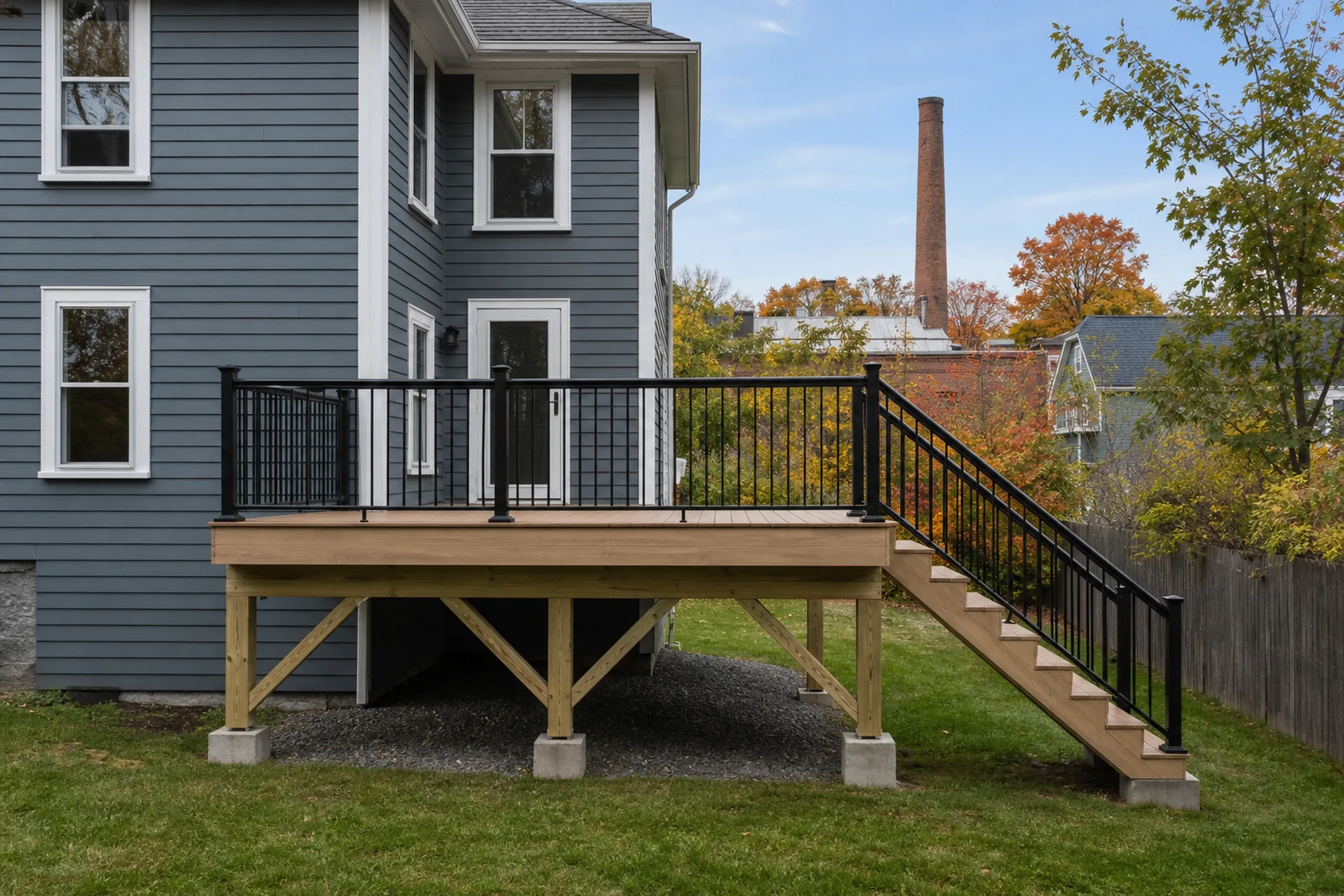 Raised wooden deck with black metal railing and stairs attached to a blue-gray house, no people visible in the photo.