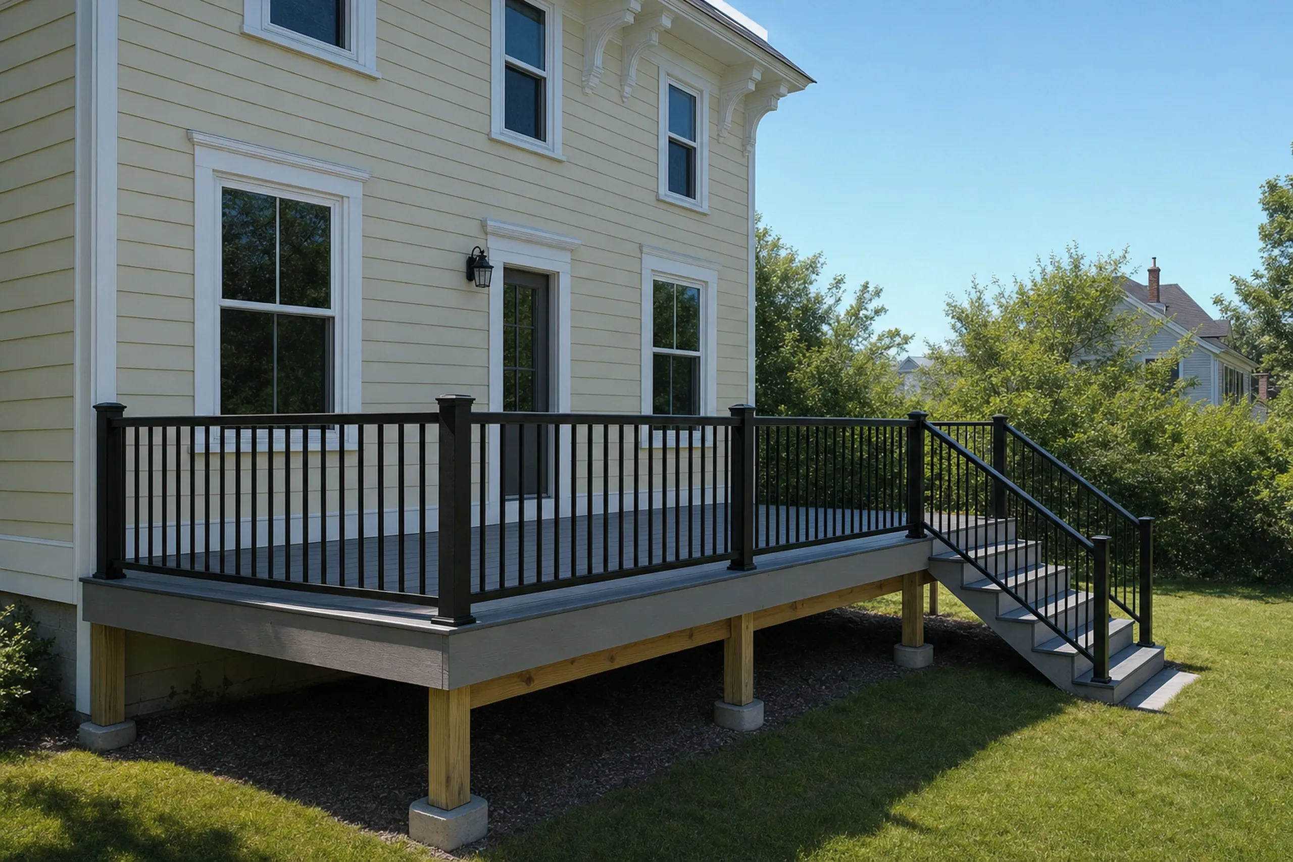 Deck builders in lisbon, me: Deck builders lisbon ME: Raised wooden deck with black metal railing and stairs attached to beige house with white-trimmed windows, no people visible.